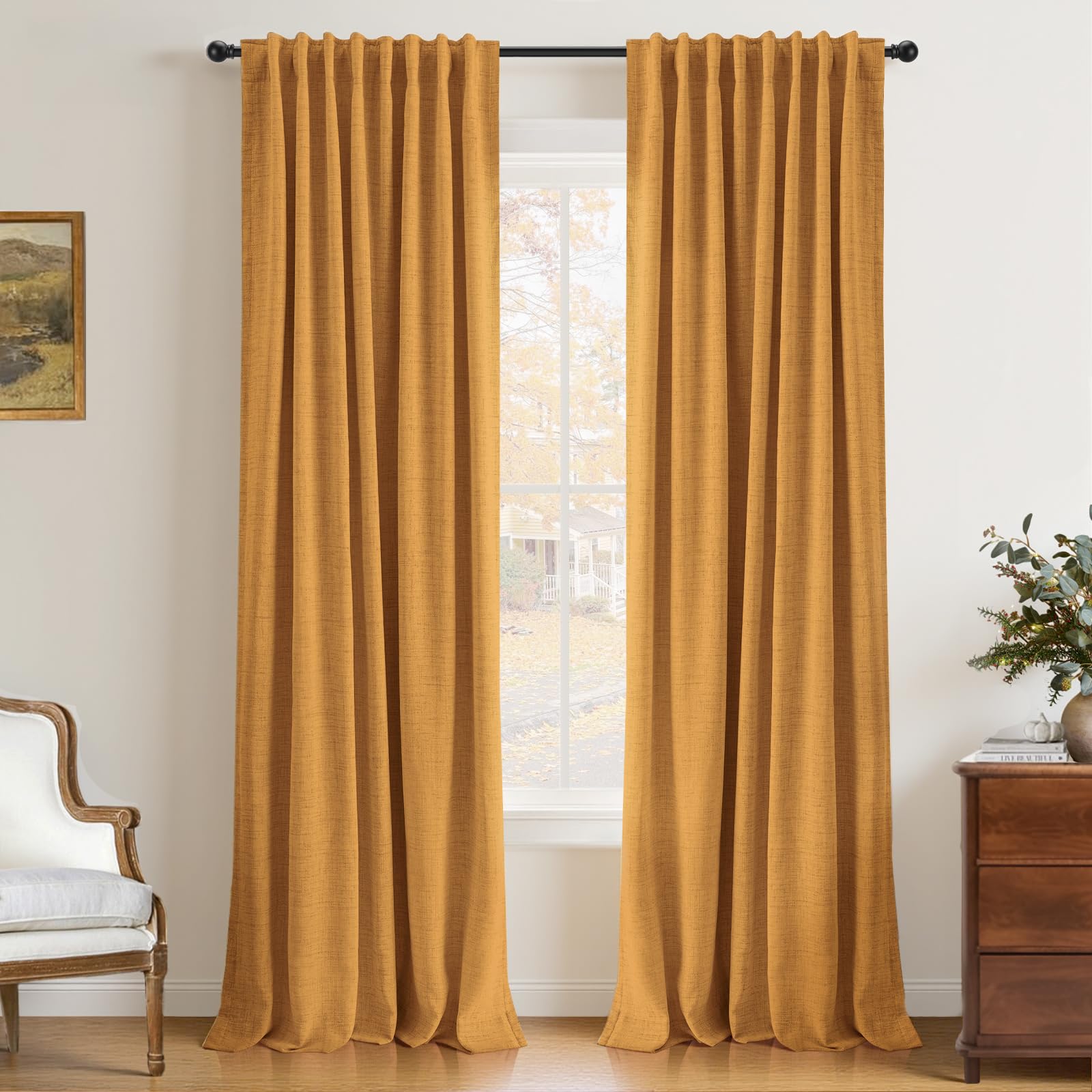 INOVADAY 100% Blackout Curtains 102 Inches Length 2 Panels Set, Back Tab/Rod Pocket Linen Black Out Curtains for Bedroom, Therma