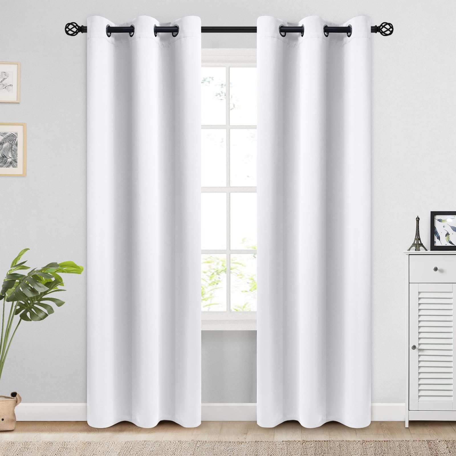 Cosviya Grommet Blackout Room Darkening Pure White Curtains 84 Inch Length 2 Panels,Thick Polyester Light Blocking Insulated The