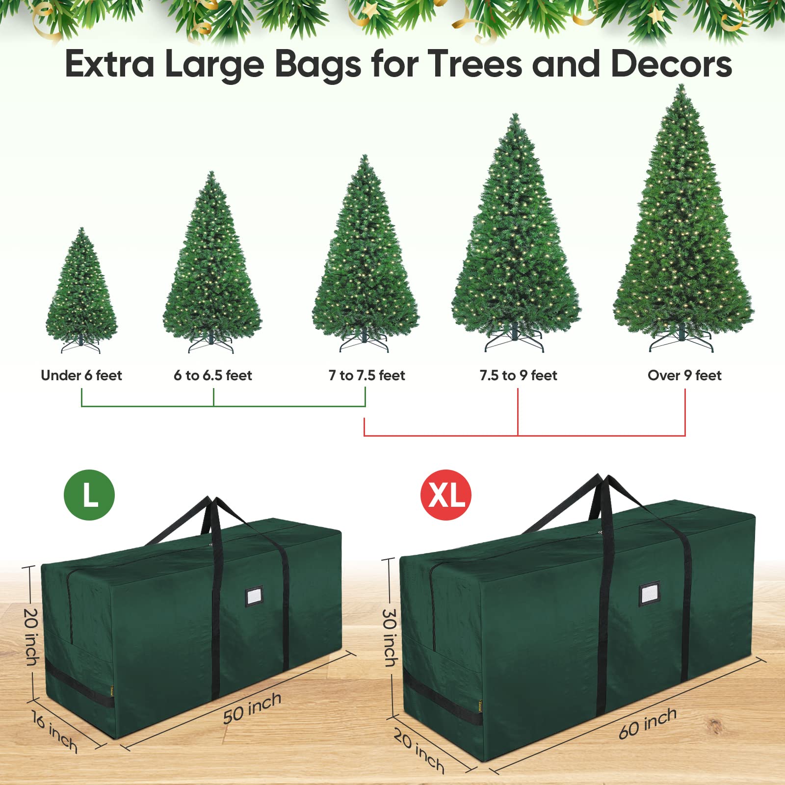 Baleine 7.5 Ft Extra Large Christmas Tree Storage Bag With Reinforced Handles And Dual Zippers For Wide Opening (Green)