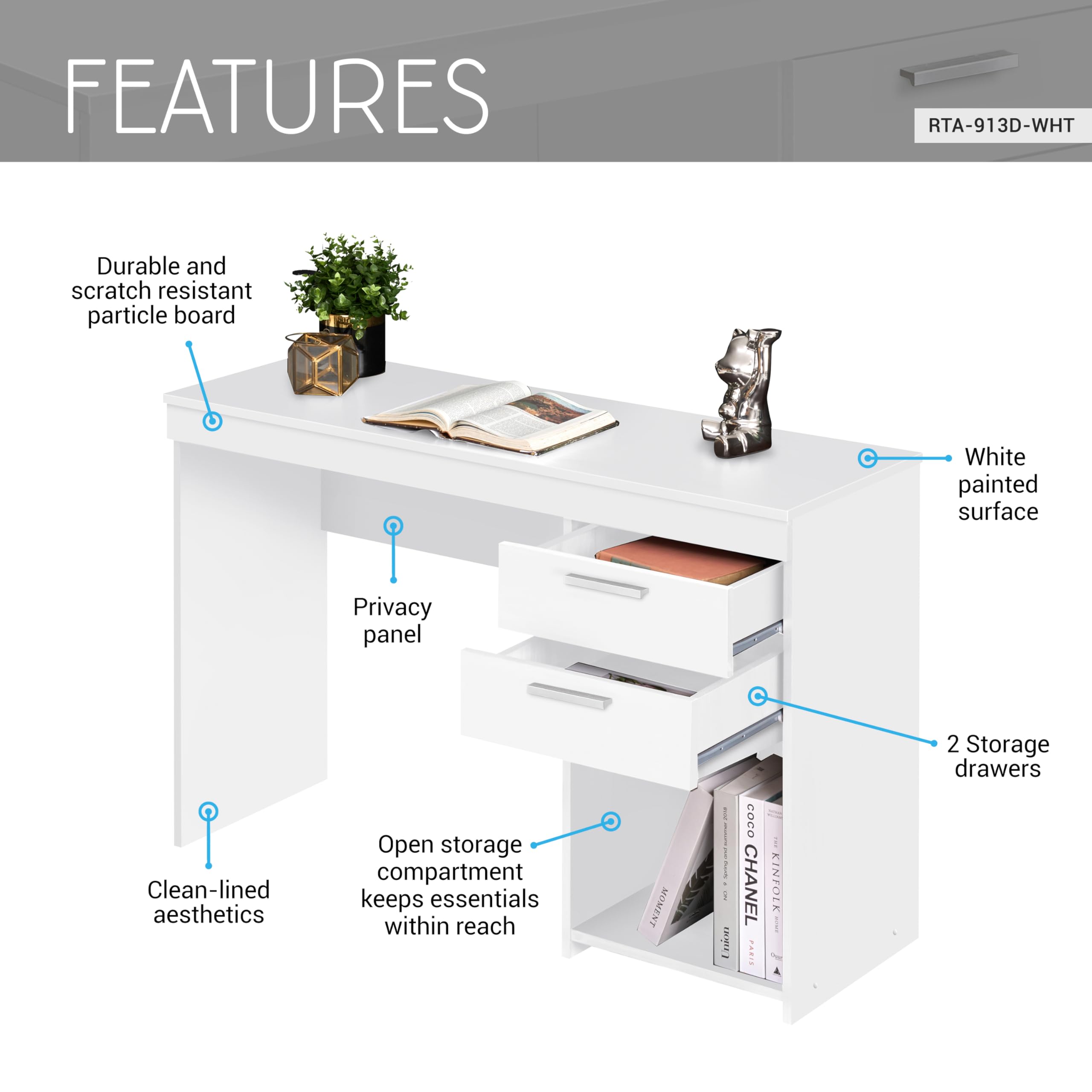 Techni Mobili Computer Home Office or Bedroom Storage & Drawers Ideal for Small Spaces Writing Desk, 47.6" W x 16.1" D x 30.3, White