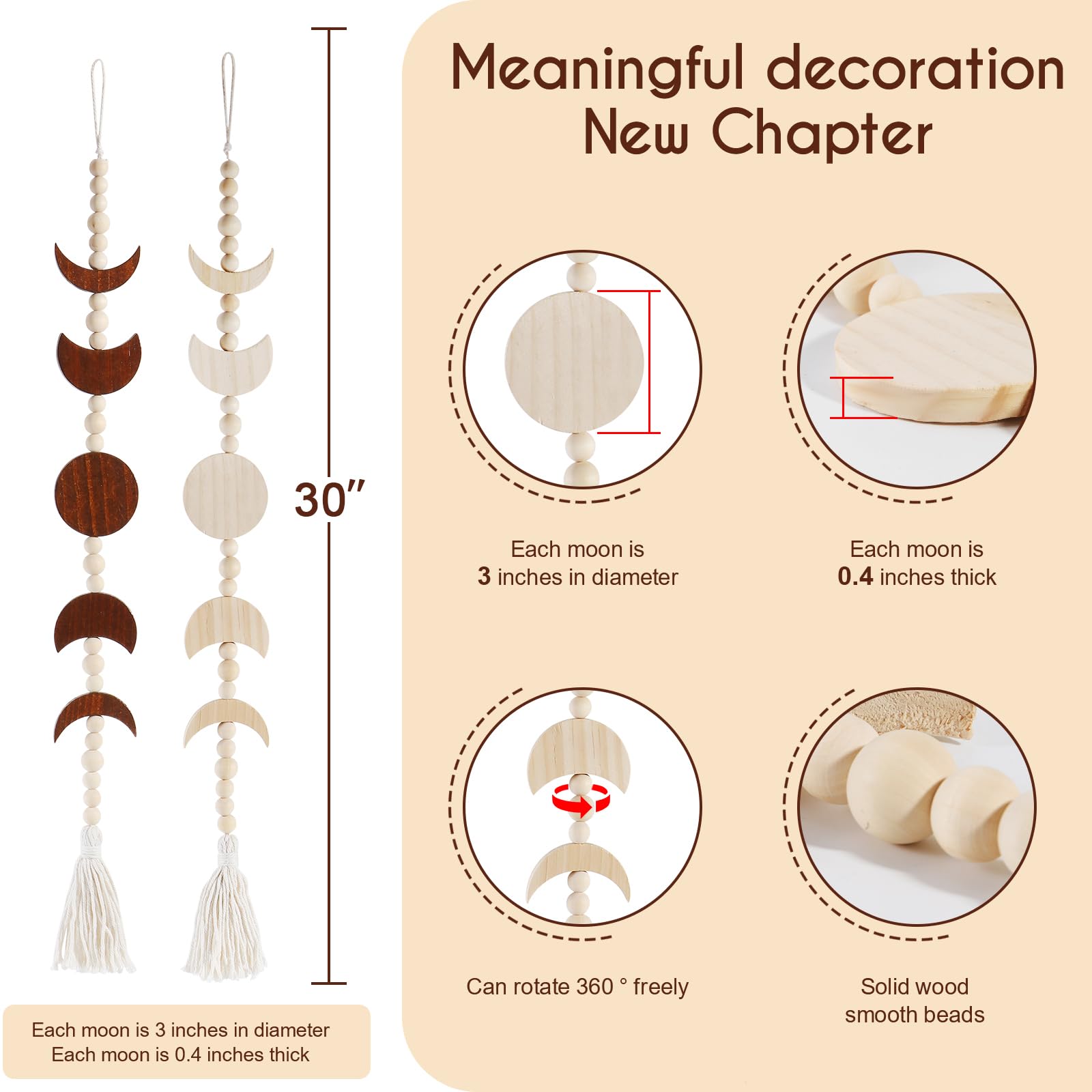Ausicfen Moon Phase Wall Hanging Wood Beaded With Tassel,Phases Of The Moon,Boho Home Decor For Living Room Bedroom Office(Brown