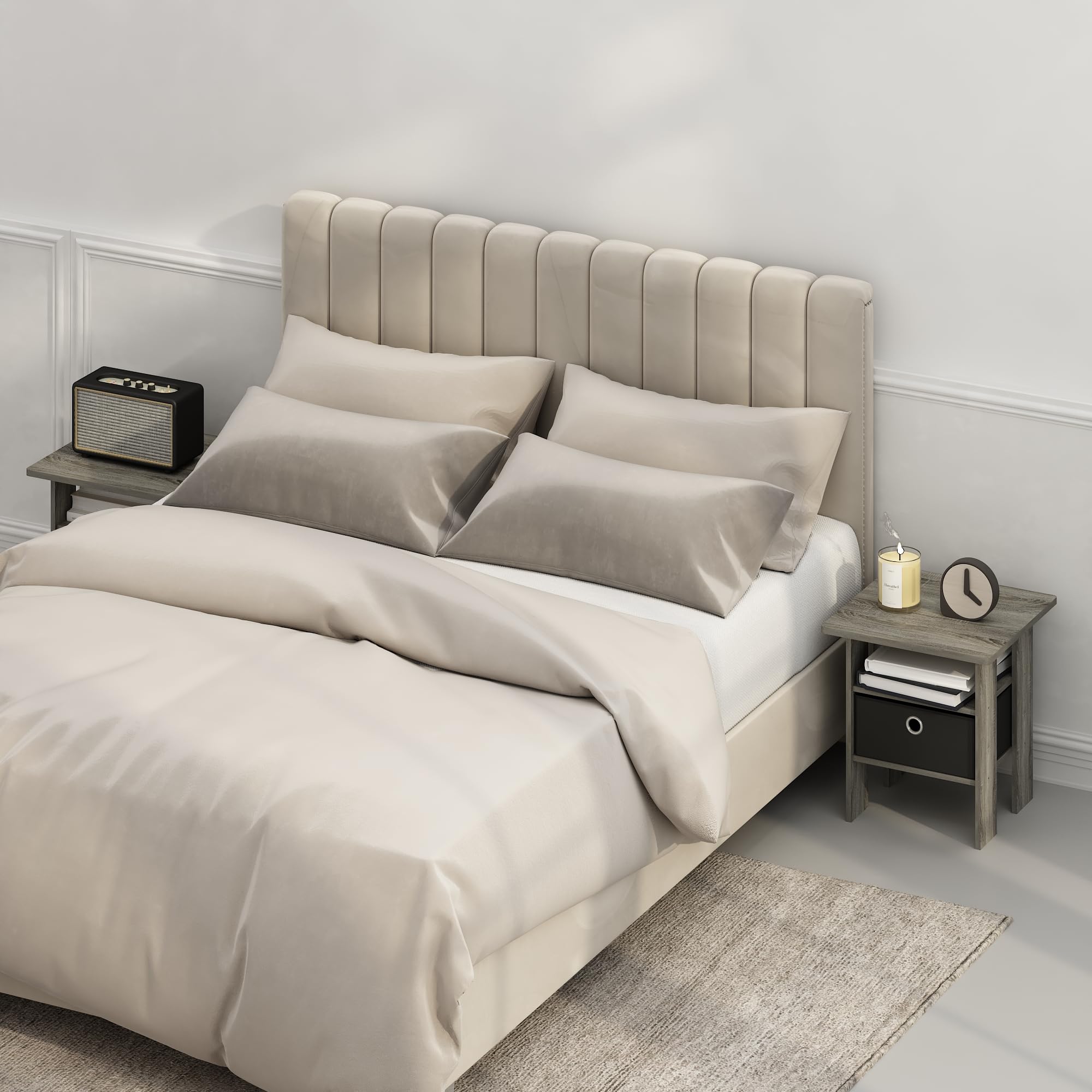 Furinno Tidur Bedside Table Nightstand With Bin Drawer, French Oak/Black, Set Of 2