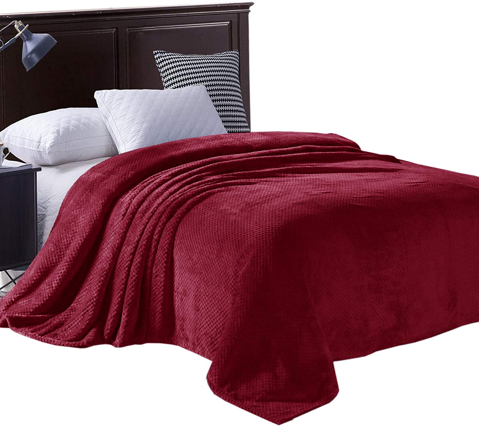 Exclusivo Mezcla Waffle Textured Soft Fleece Blanket, King Size Bed Blanket, Cozy Warm And Lightweight (Deep Red, 90X104 Inches)