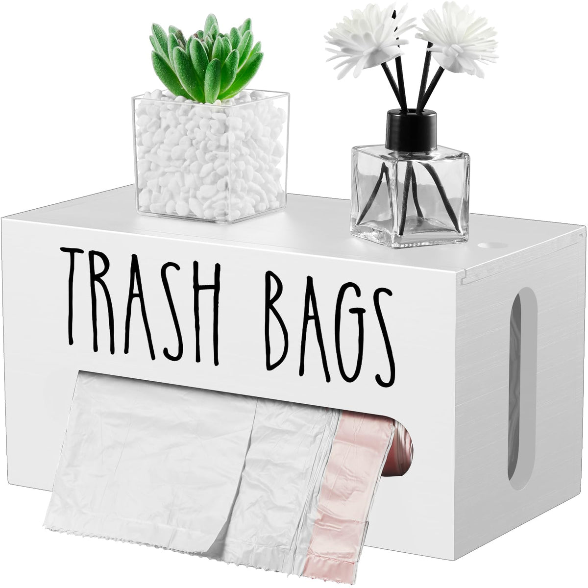 Drastar Trash Bag Dispenser, Wooden Garbage Bag Organizer, White Roll Holder For Countertop & Sink Organization