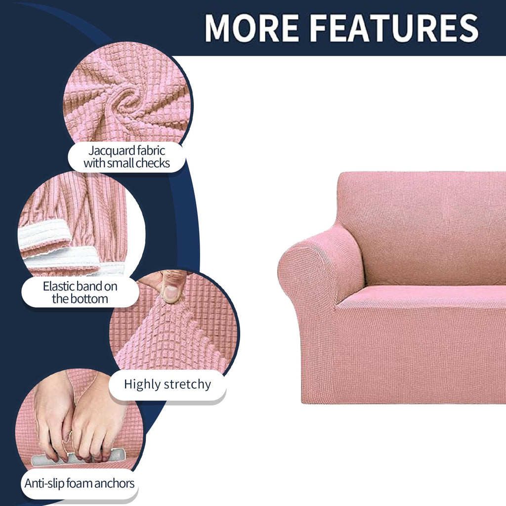 2025 New Stretch Sofa Slipcovers Couch Cover For 3 Cushion Furniture Protector Sofa Covers With Elastic Bottom Jacquard Fabric Small Checks For Pets, Kids -Sofa, Dusty Pink