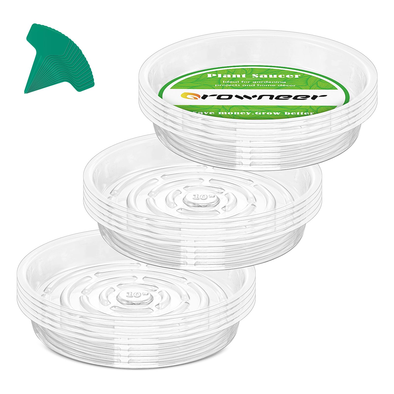 Growneer 15 Pack Of 10 Inches Clear Plant Saucers Flower Pot Trays, With 15 Pcs Plant Labels, Plastic Plant Saucer Drip Trays Fo
