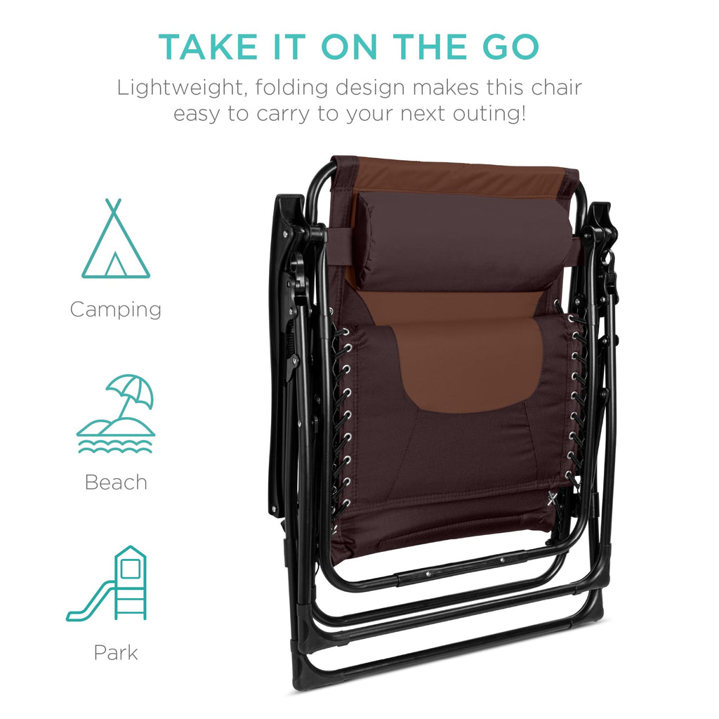 Best Choice Products Oversized Padded Zero Gravity Chair, Folding Outdoor Patio Recliner, Xl Anti Gravity Lounger For Backyard W/Headrest, Cup Holder, Side Tray, Polyester Mesh - Espresso/Caramel