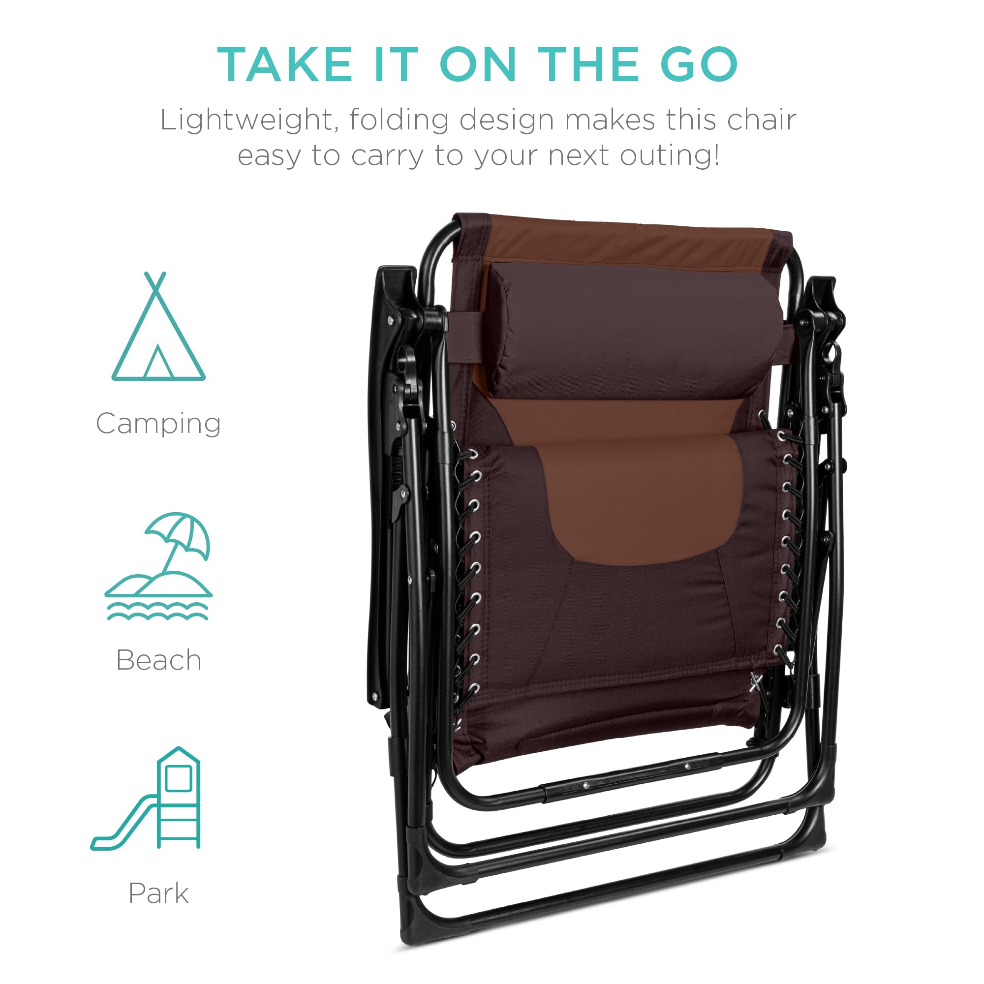 Best Choice Products Oversized Padded Zero Gravity Chair, Folding Outdoor Patio Recliner, Xl Anti Gravity Lounger For Backyard W/Headrest, Cup Holder, Side Tray, Polyester Mesh - Espresso/Caramel