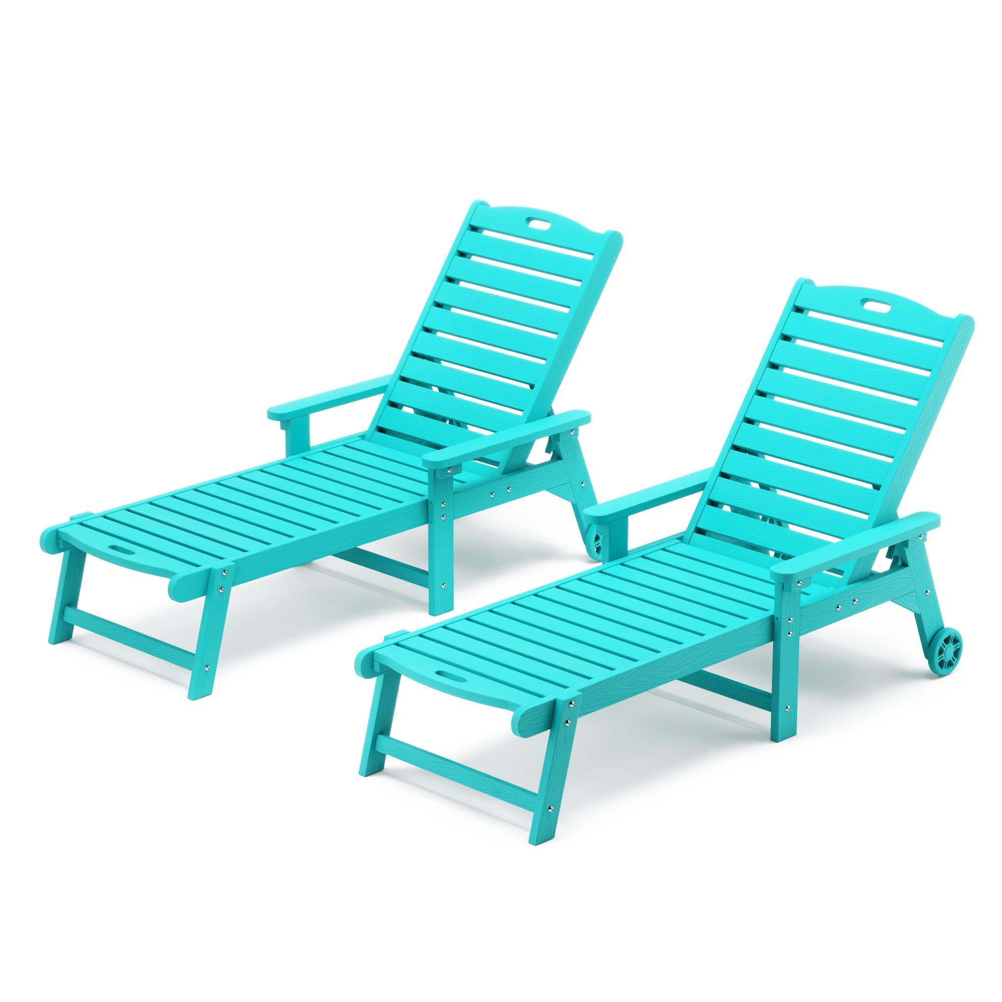 Lue Bona Outdoor Chaise Lounge Chairs Set Of 2, Hdps Material, 3-Year Warranty, Patio Lounge Chair With Adjustable Backrest, Resin Pool Lounge Chairs With Wheels For Outside, Poolside, Aruba Blue