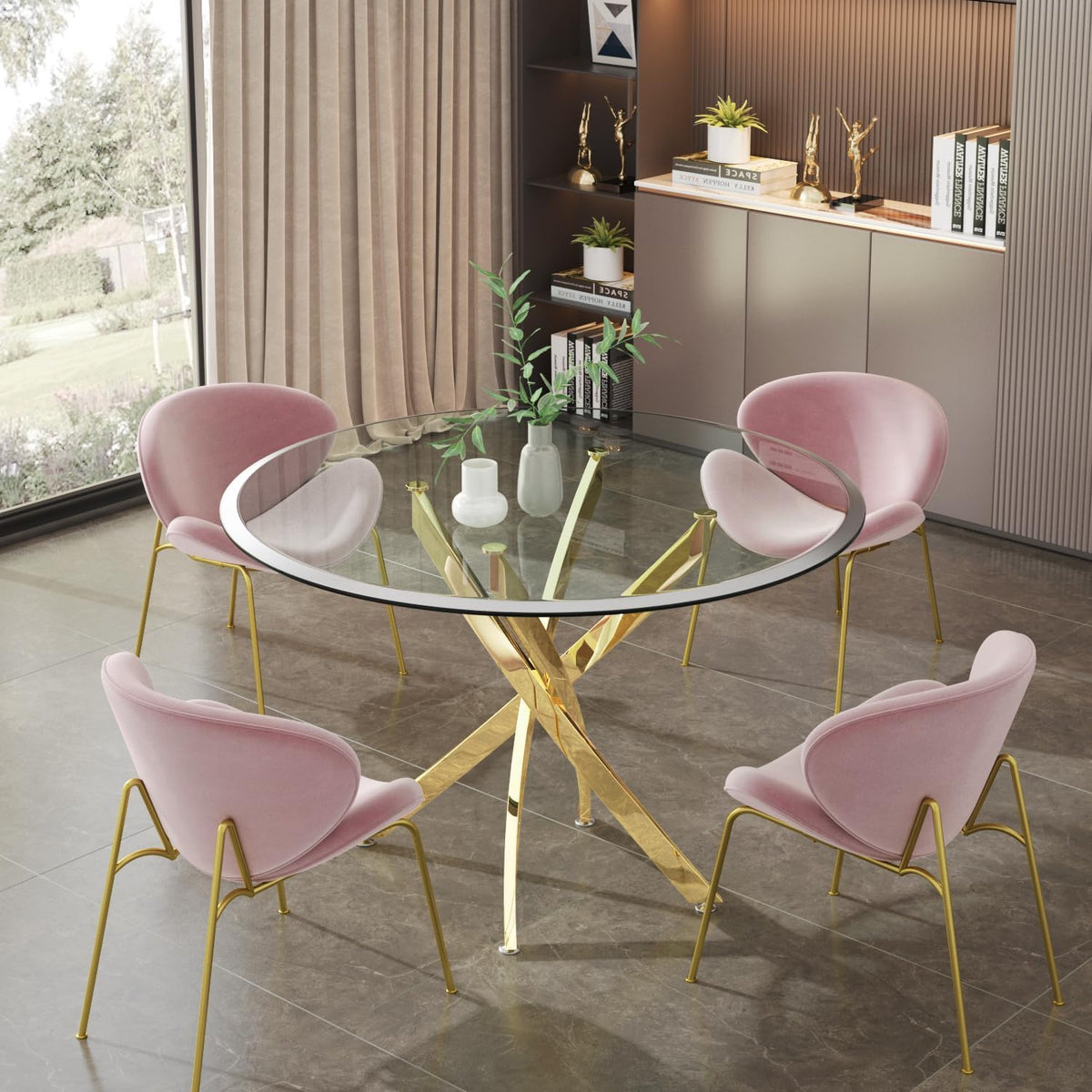 36' Round Dining Table For 4, Glass Kitchen & Dining Room Tables, Modern Circle Dining Room Table W/0.39' Tempered Glass Tabletop Gold Finish Stainless Steel Legs For Dinner Small Spaces(No Chairs)