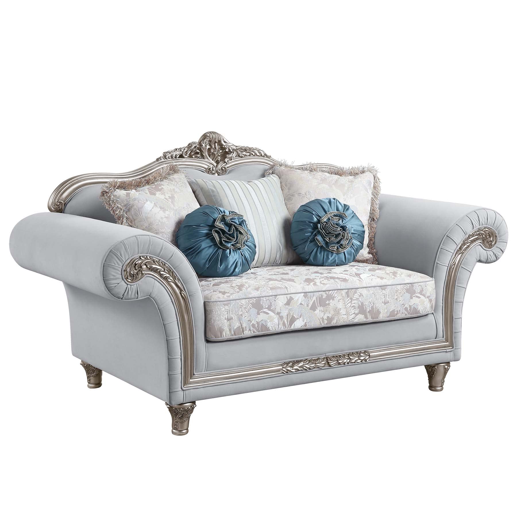 ACME Furniture Upholstered Loveseat with Accent Pillows in Light Grey