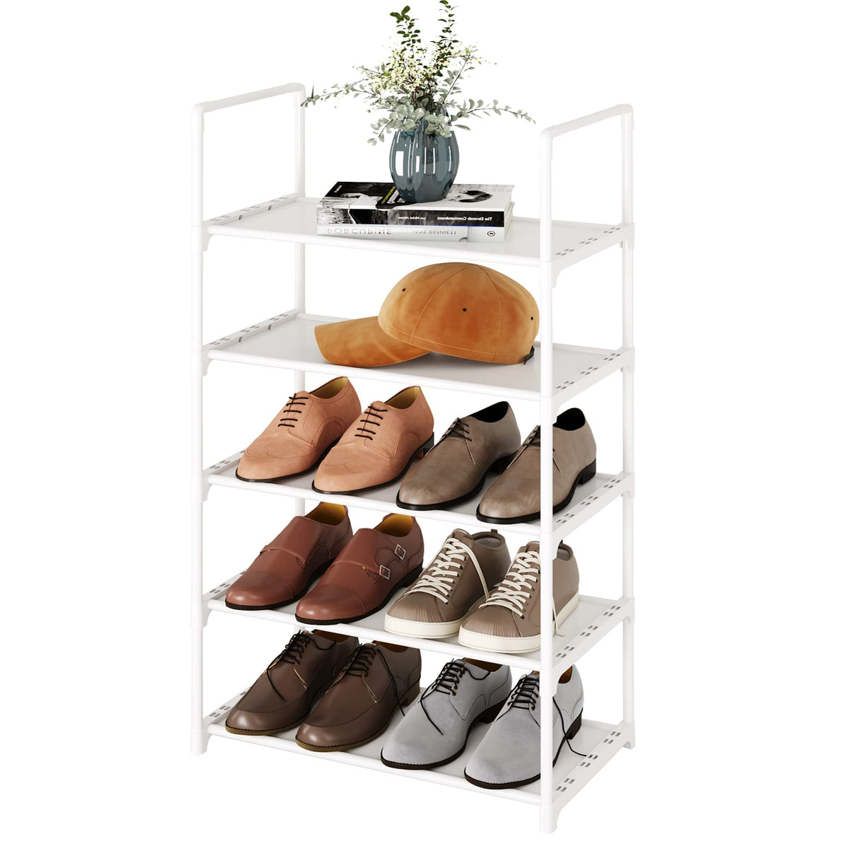 Yegazte 5-Tier Stackable Shoe Rack, Narrow Shoe Stand for 10-12 Pairs Shoe and Boots Organizer Storage Shelf Space Saving for Cl