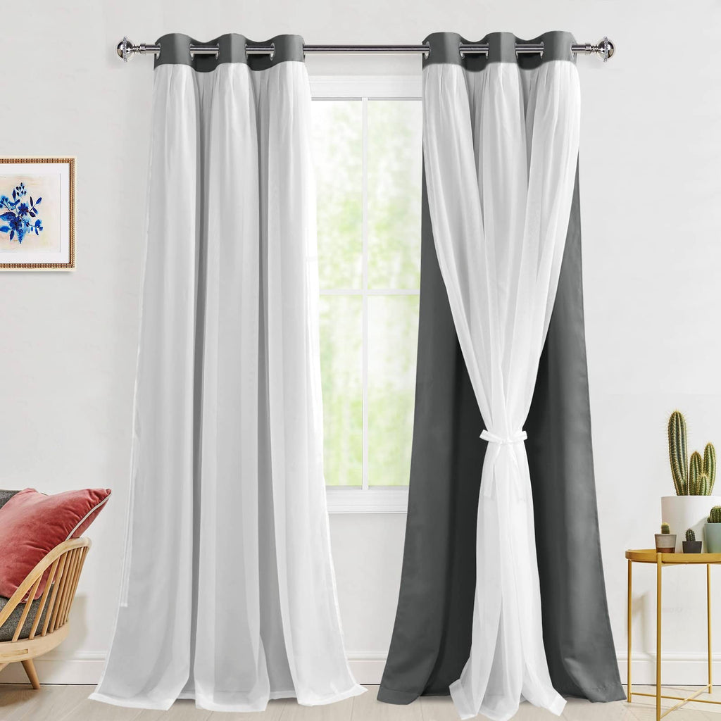 Hiasan Grey Blackout Curtains with White Sheer, Mix & Match Double-Layer Thermal Insulated Sun Blocking Grommet Window Curtains 
