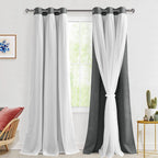 Hiasan Grey Blackout Curtains with White Sheer, Mix & Match Double-Layer Thermal Insulated Sun Blocking Grommet Window Curtains 