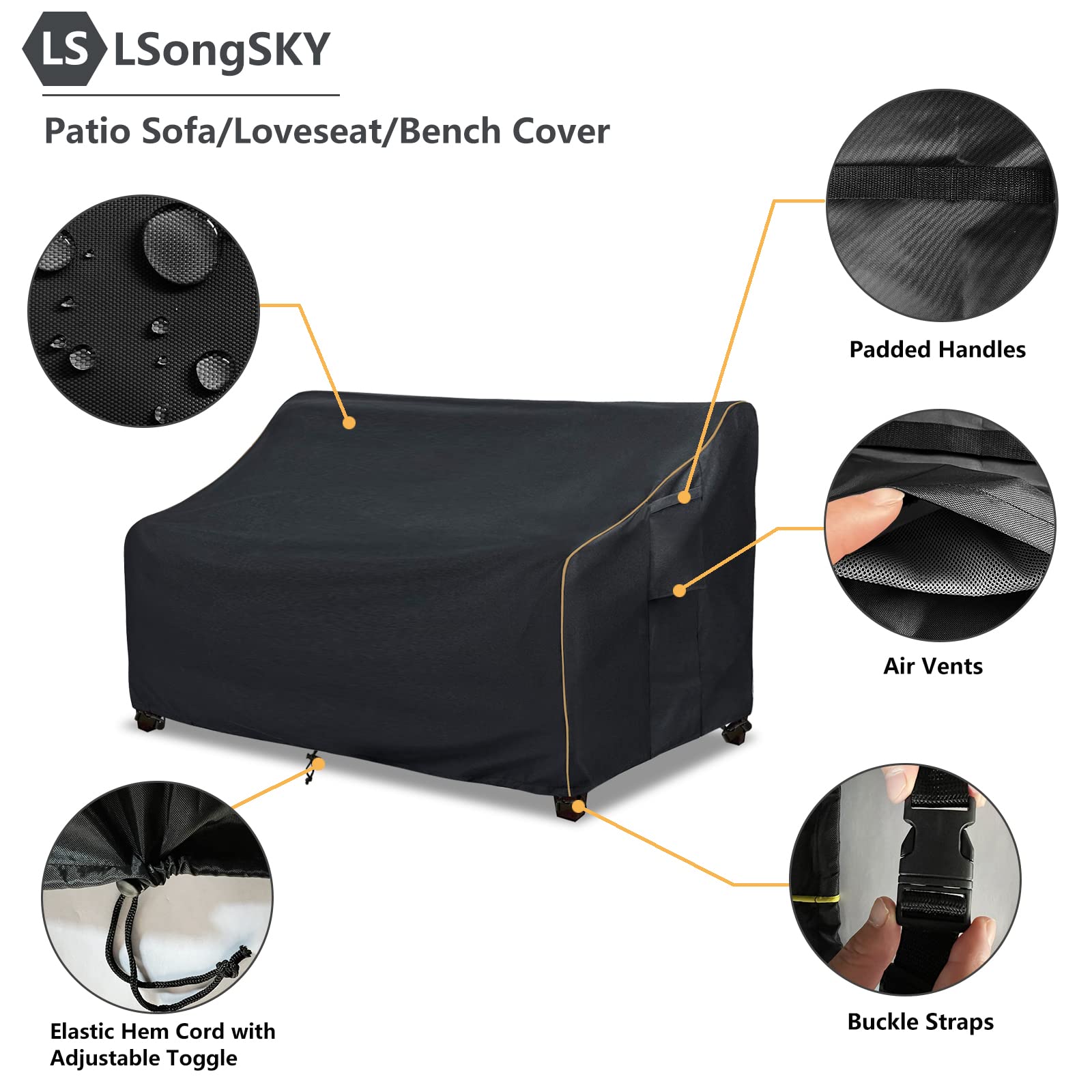 Lsongsky Patio 3-Seater Sofa Cover,Outdoor Couch Cover Fits Up To 79W X 38D X 35H Inches,100% Waterproof Heavy Duty Patio Furniture Covers,Black