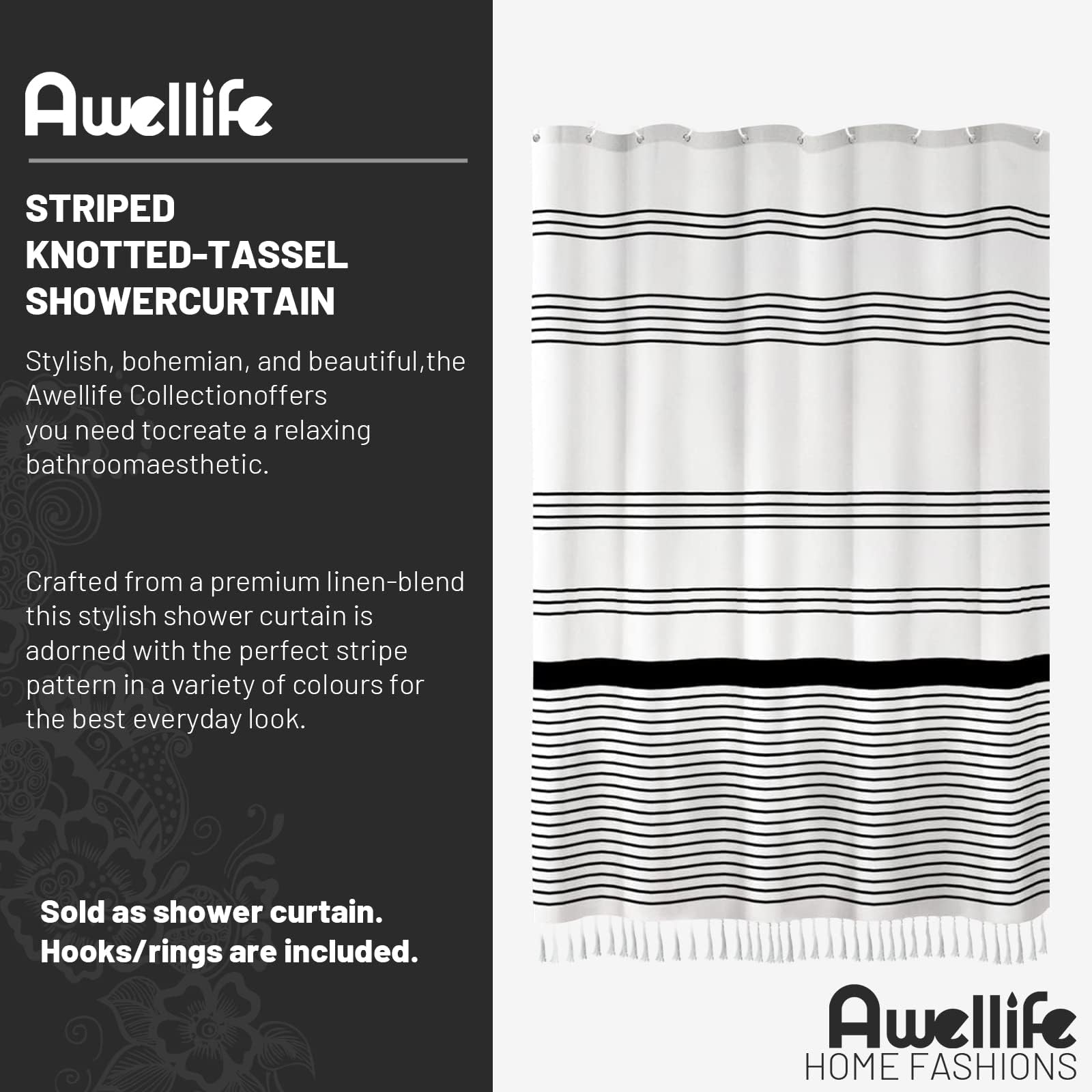 Awellife Boho Black Shower Curtain For Bathroom Farmhouse Natural Linen Stripe Tassel Shower Curtain (Black 1A, 78' L X 72' W)