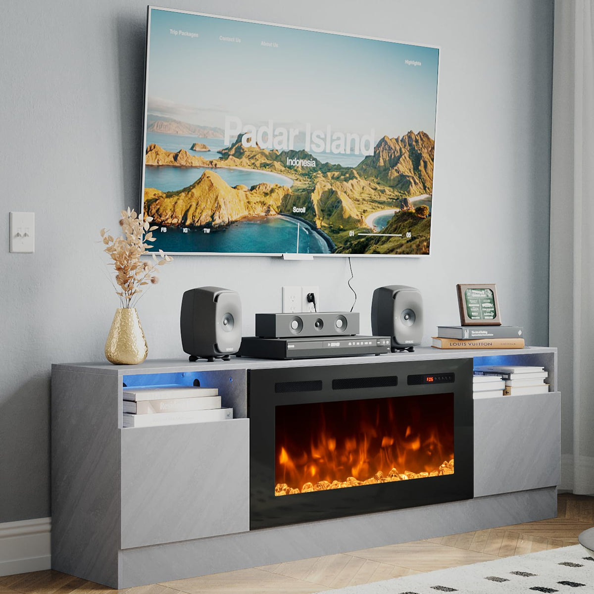 oneinmil Fireplace TV Stand with 36'' Electric Fireplace, LED Light Entertainment Center, Modern Wood Texture Entertainment Stan