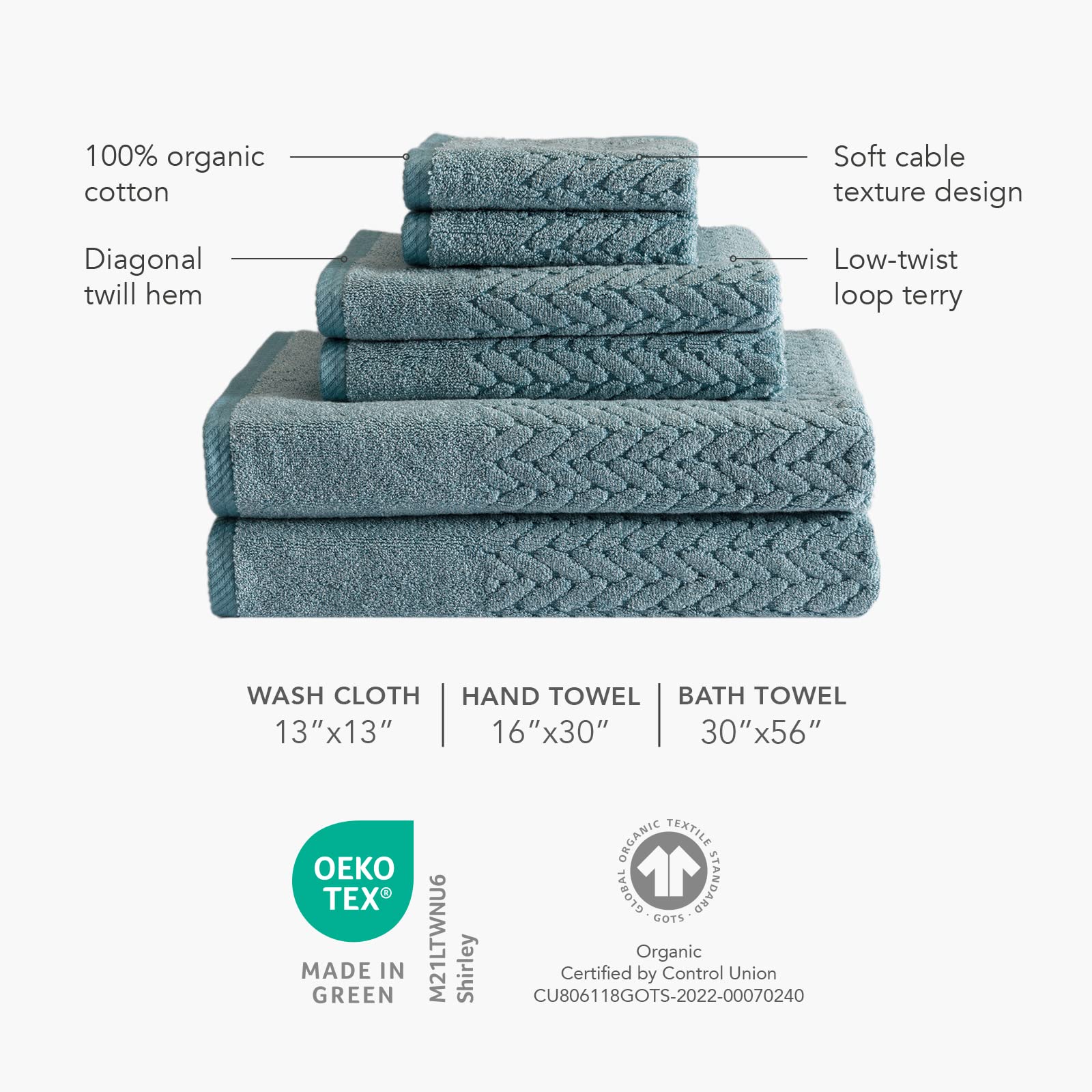 Texere 100% Organic Cotton Jacquard 650 Gsm Premium Bath Towel Sets - Extra Absorbent Quick Dry Towel Wrap (Cable, Granite, 4 Ba