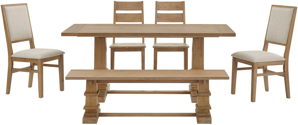 Crosley Furniture Joanna 6-Piece Modern Farmhouse Dining Table Set for 7 with a Wood Bench and 4 Chairs, Rustic Brown/Creme