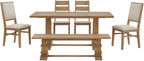 Crosley Furniture Joanna 6-Piece Modern Farmhouse Dining Table Set for 7 with a Wood Bench and 4 Chairs, Rustic Brown/Creme