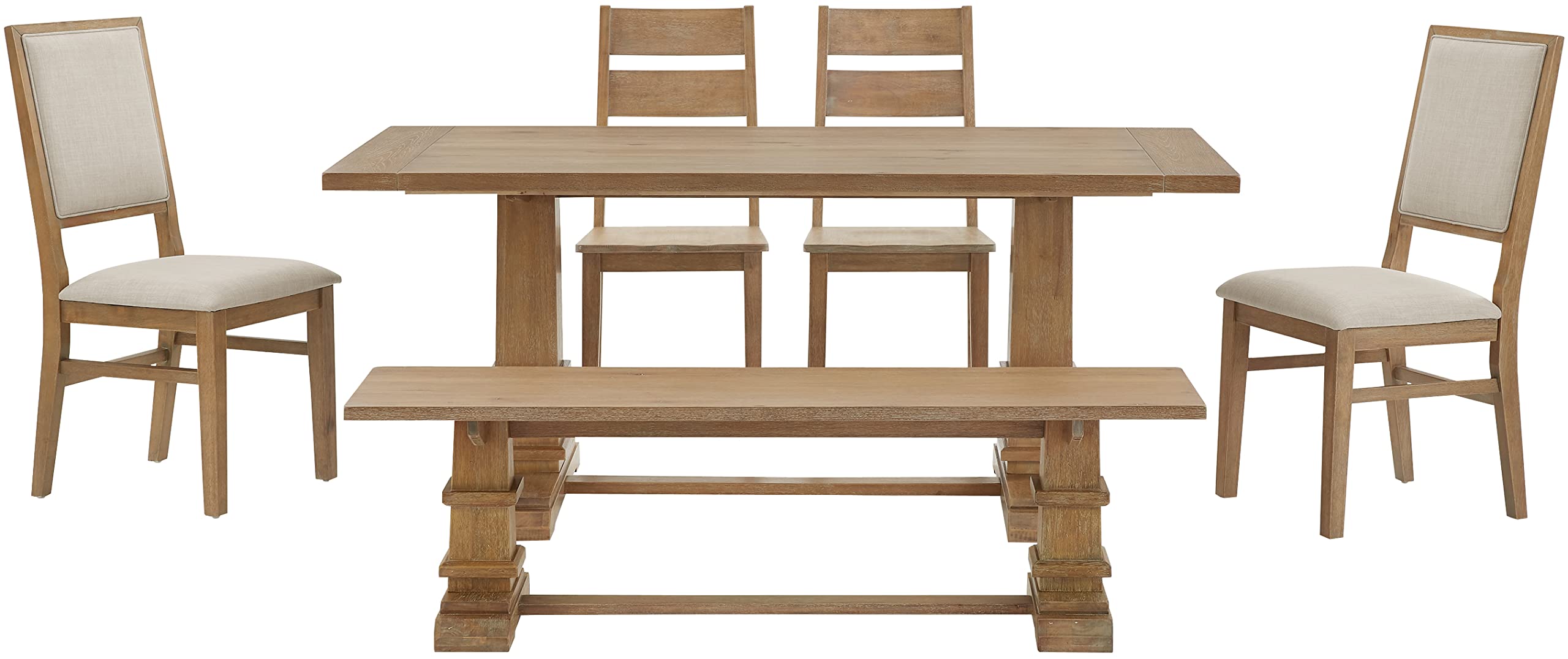 Crosley Furniture Joanna 6-Piece Modern Farmhouse Dining Table Set for 7 with a Wood Bench and 4 Chairs, Rustic Brown/Creme