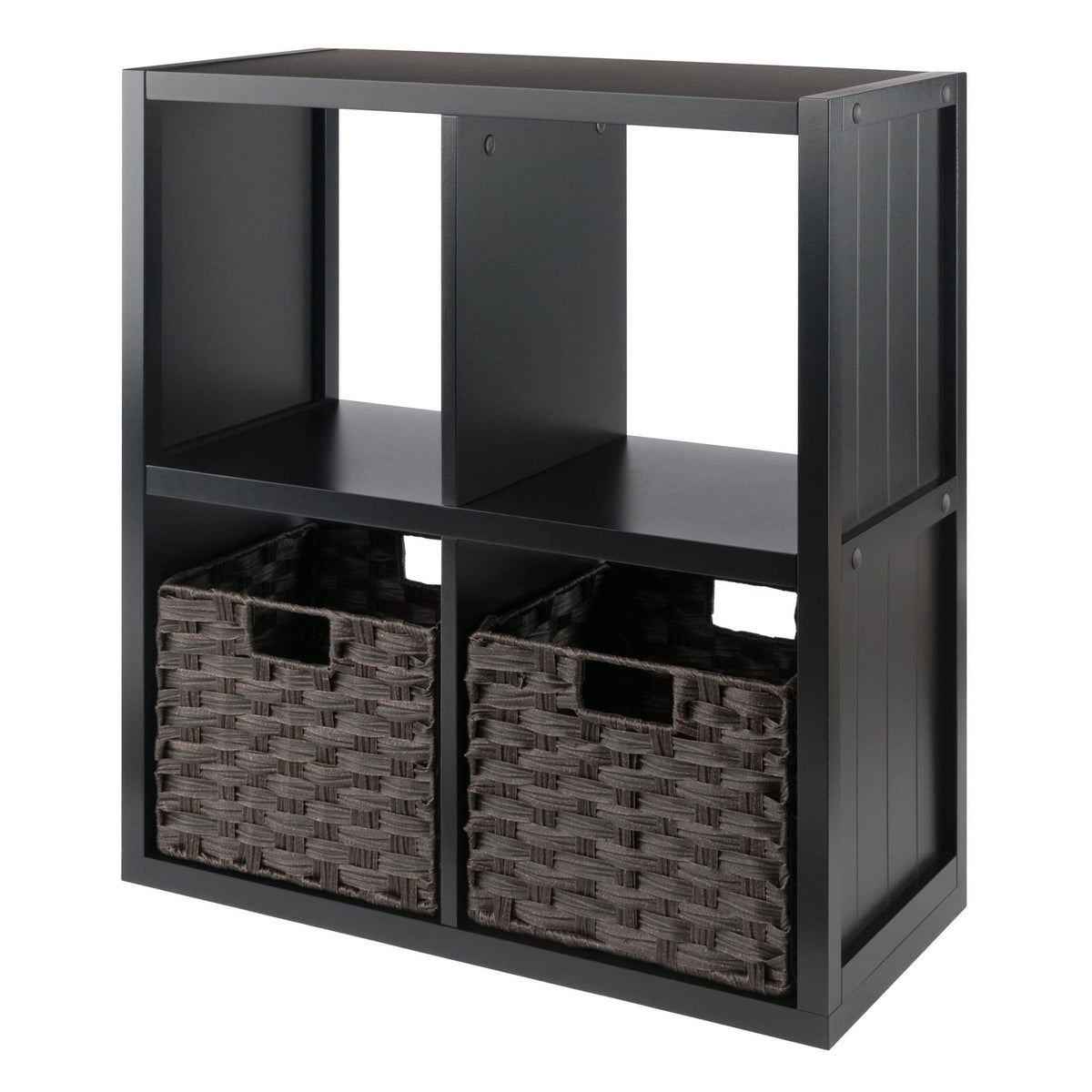 Winsome Wood Timothy 3-Pc 2X2 Storage Shelf With 2 Foldable Woven Baskets - Black And Chocolate