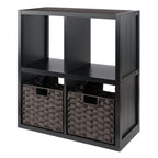 Winsome Wood Timothy 3-Pc 2X2 Storage Shelf With 2 Foldable Woven Baskets - Black And Chocolate