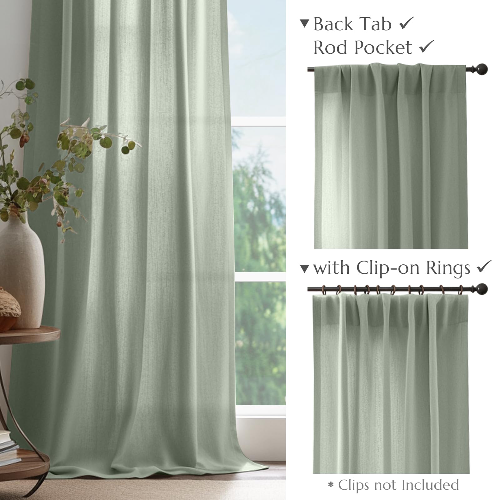Jinchan Linen Blend Curtains 84 Inches Long For Living Room Farmhouse Rod Pocket Back Tab Light Filtering Window Drapes For Bedroom Curtains Green 2 Panels