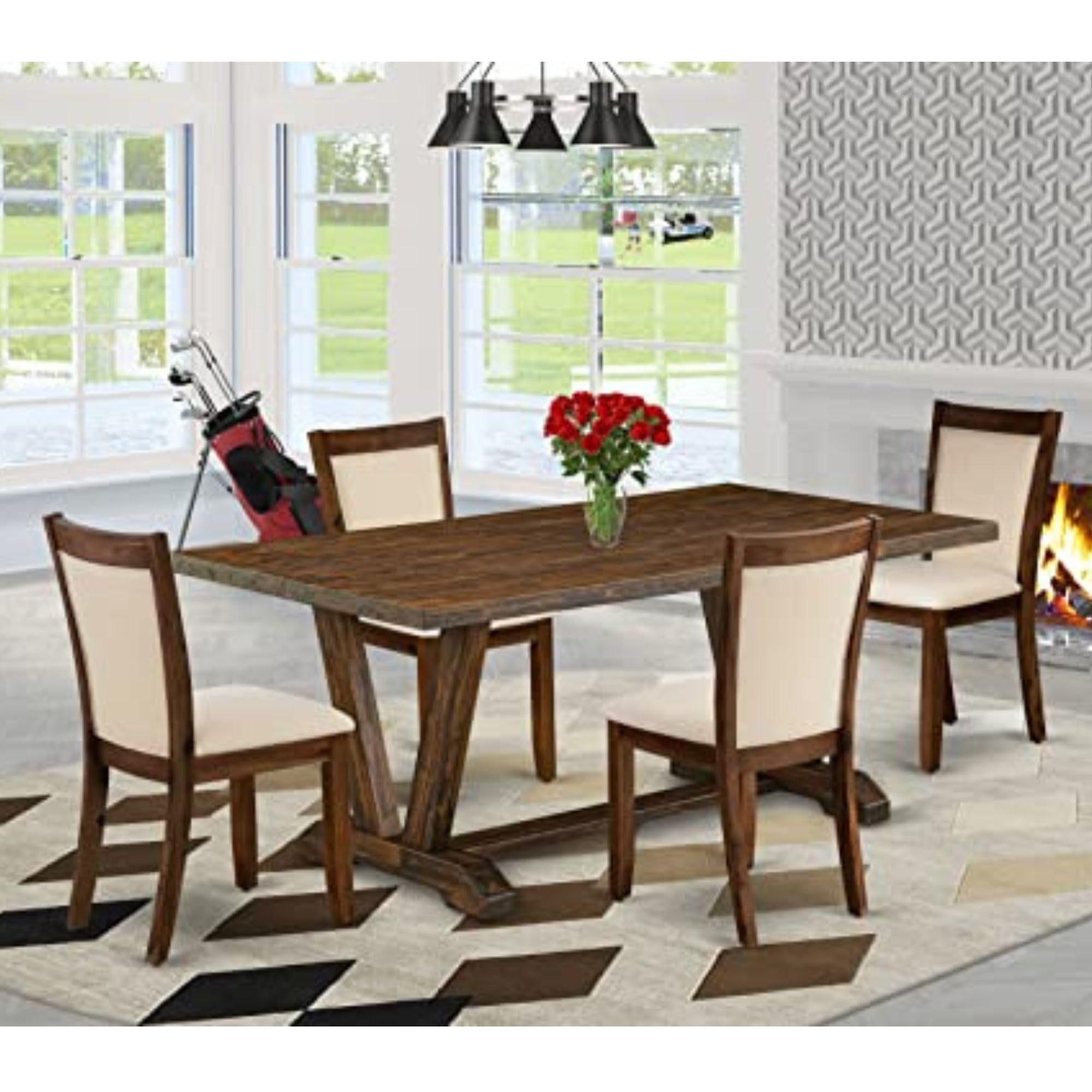 East West Furniture V777Mzn32-5 5 Piece Modern Dining Table Set Includes A Rectangle Wooden Table With V-Legs And 4 Light Beige Linen Fabric Upholstered Chairs, 40X72 Inch, Multi-Color