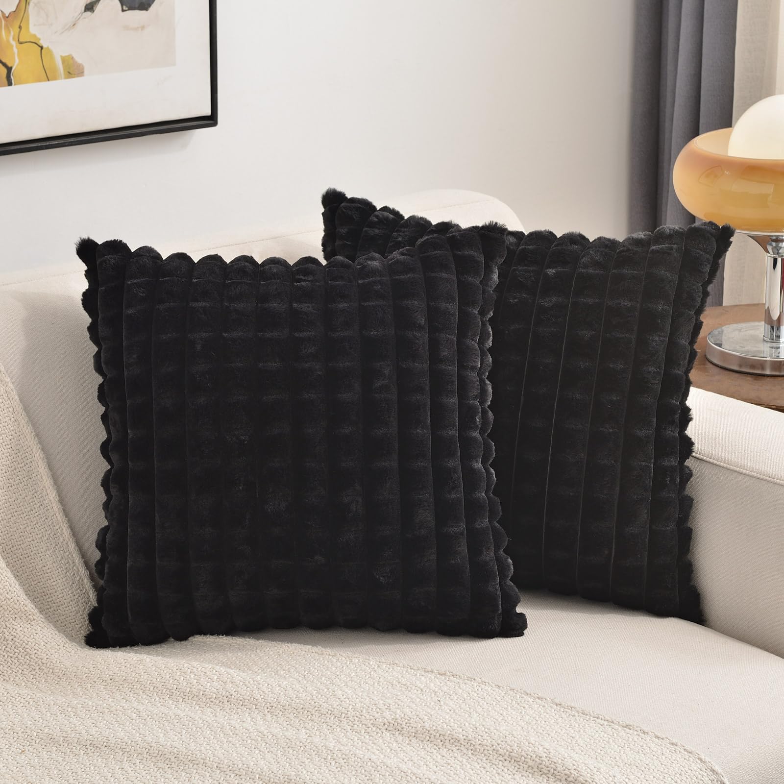 Futei Black Decorative Throw Pillow Covers 14X14 Inch Set Of 2,Square Cushion Case,Fluffy Faux Rabbit Fur Plaid & Soft Velvet Ba