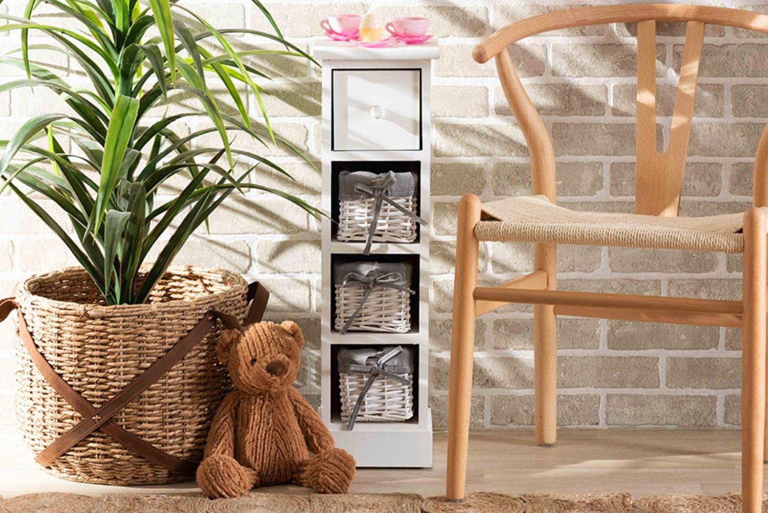 Baxton Studio Abriella Grey and White Finished Wood Storage Unit with Baskets