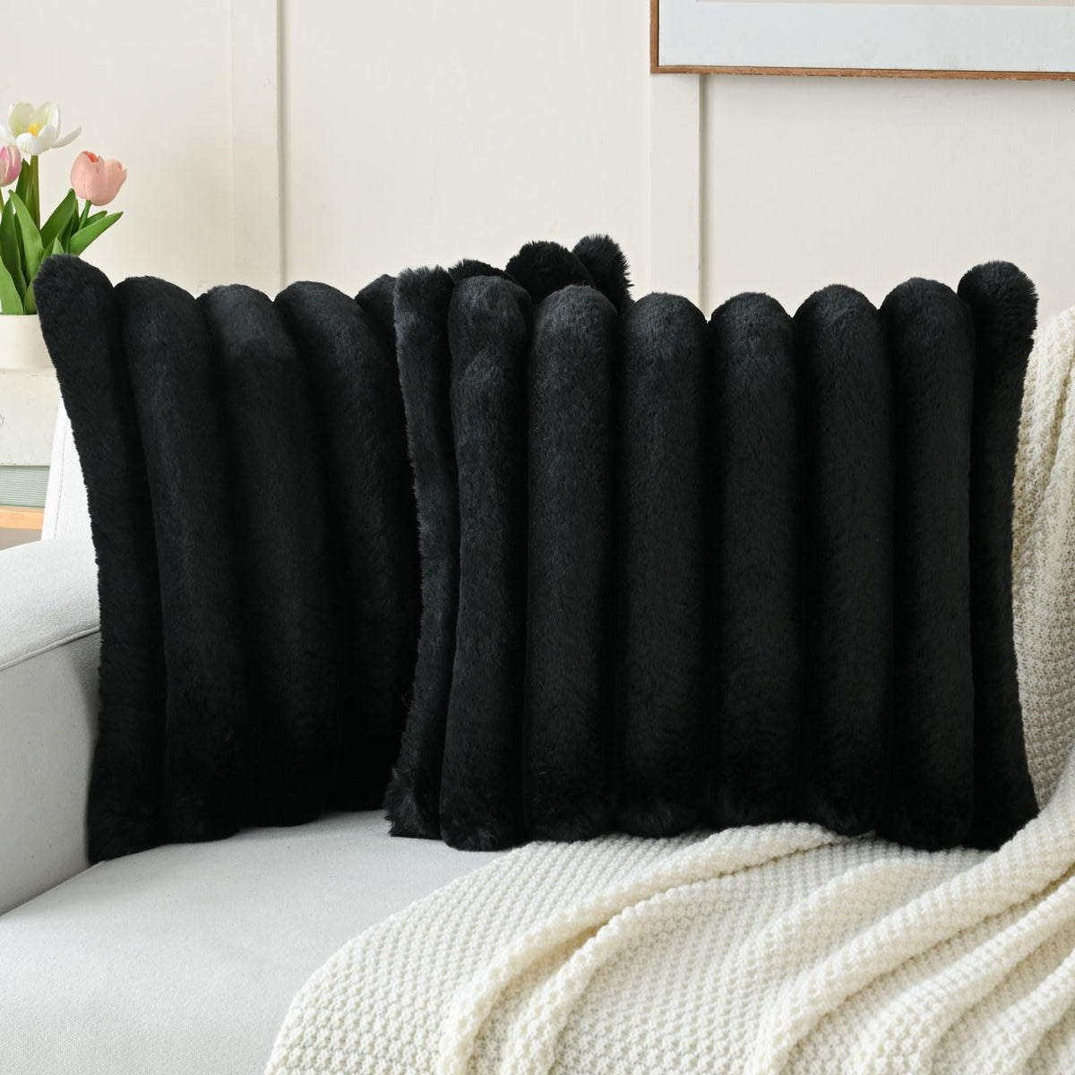 Futei Black Decorative Throw Pillow Covers 18X18 Inch Set Of 2, Square Soft Faux Rabbit Fur Big Striped Cushion Cover,Home Decor