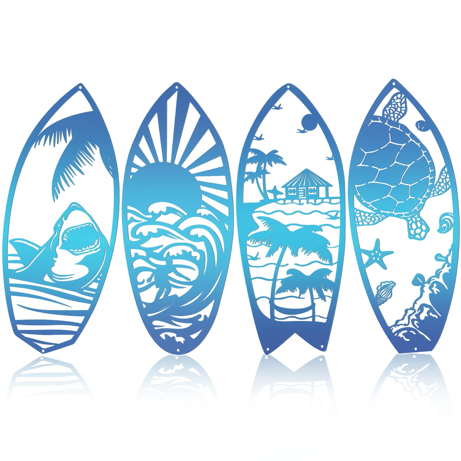 4Pcs Metal Surf Board Wall Decor Summer Surfboard Beach Signs Shark Palm Tree Wall Art Tropical Wall Decor Hanging Coastal Wall 