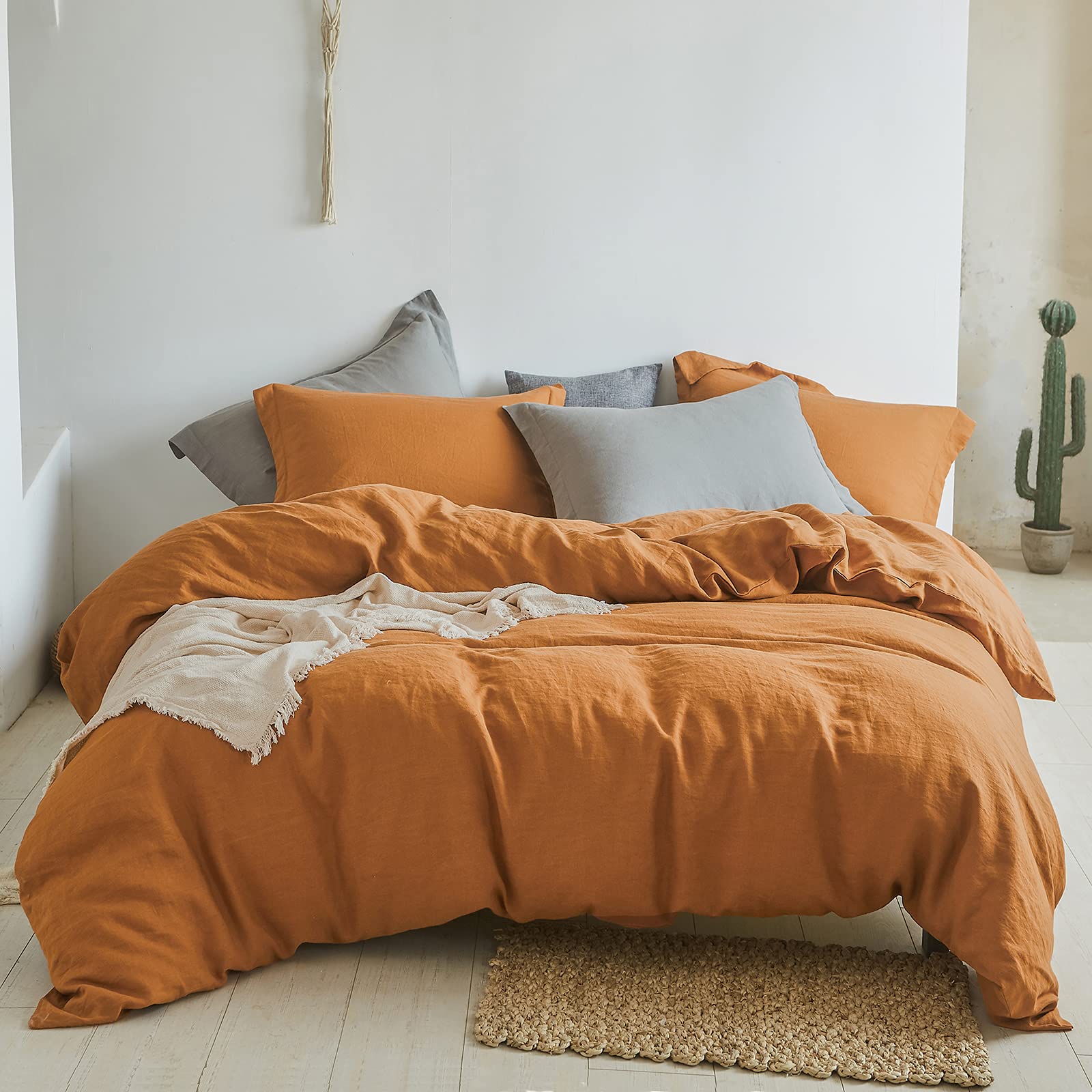 Simple&Opulence 100% Linen Duvet Cover Set 3Pcs Basic Style Natural French Washed Flax Solid Color Soft Breathable Farmhouse Bedding With Button Closure - Rust, King