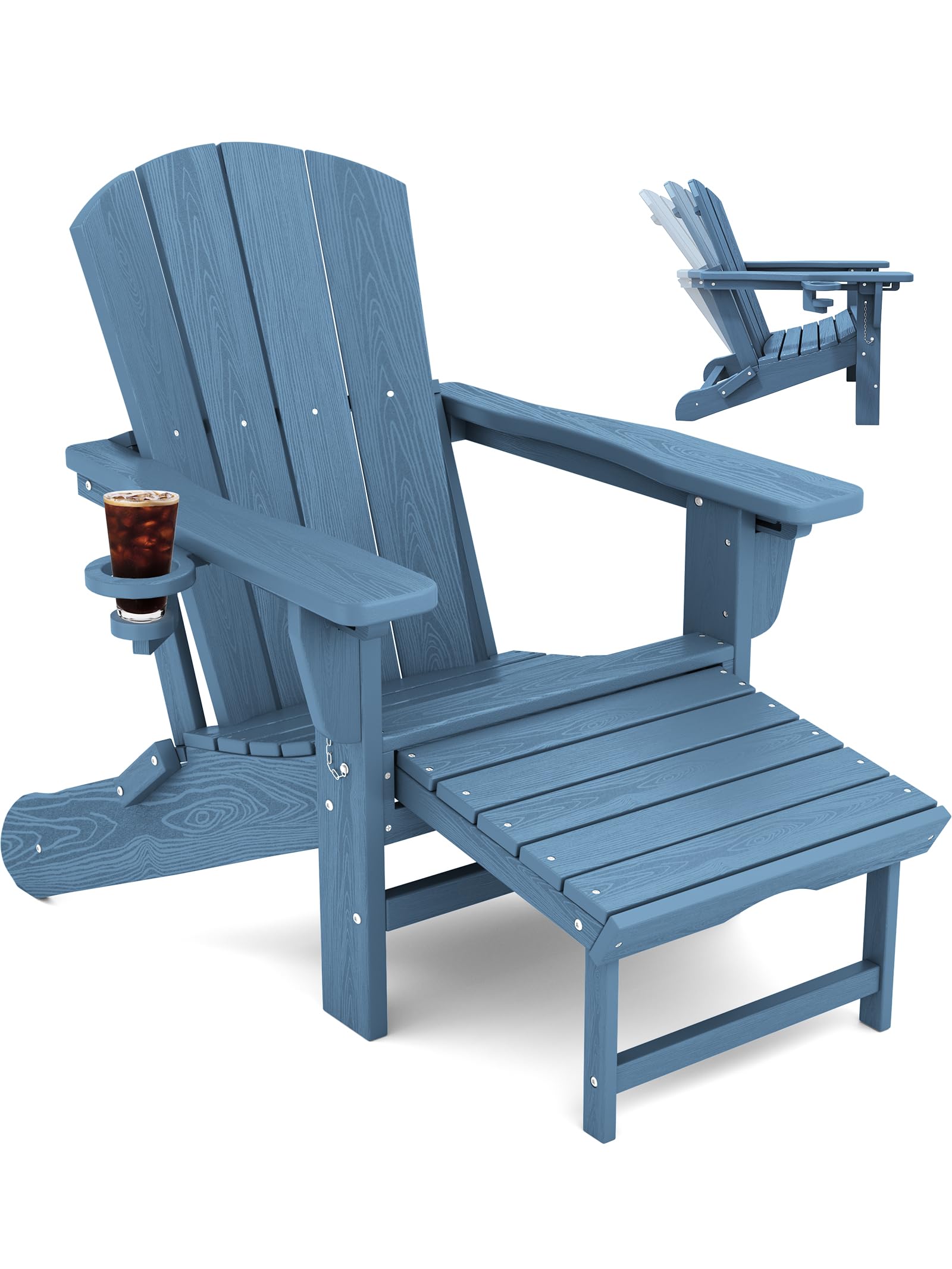 Kingyes Folding Adjustable Adirondack Chair With Retractable Ottoman, Blue