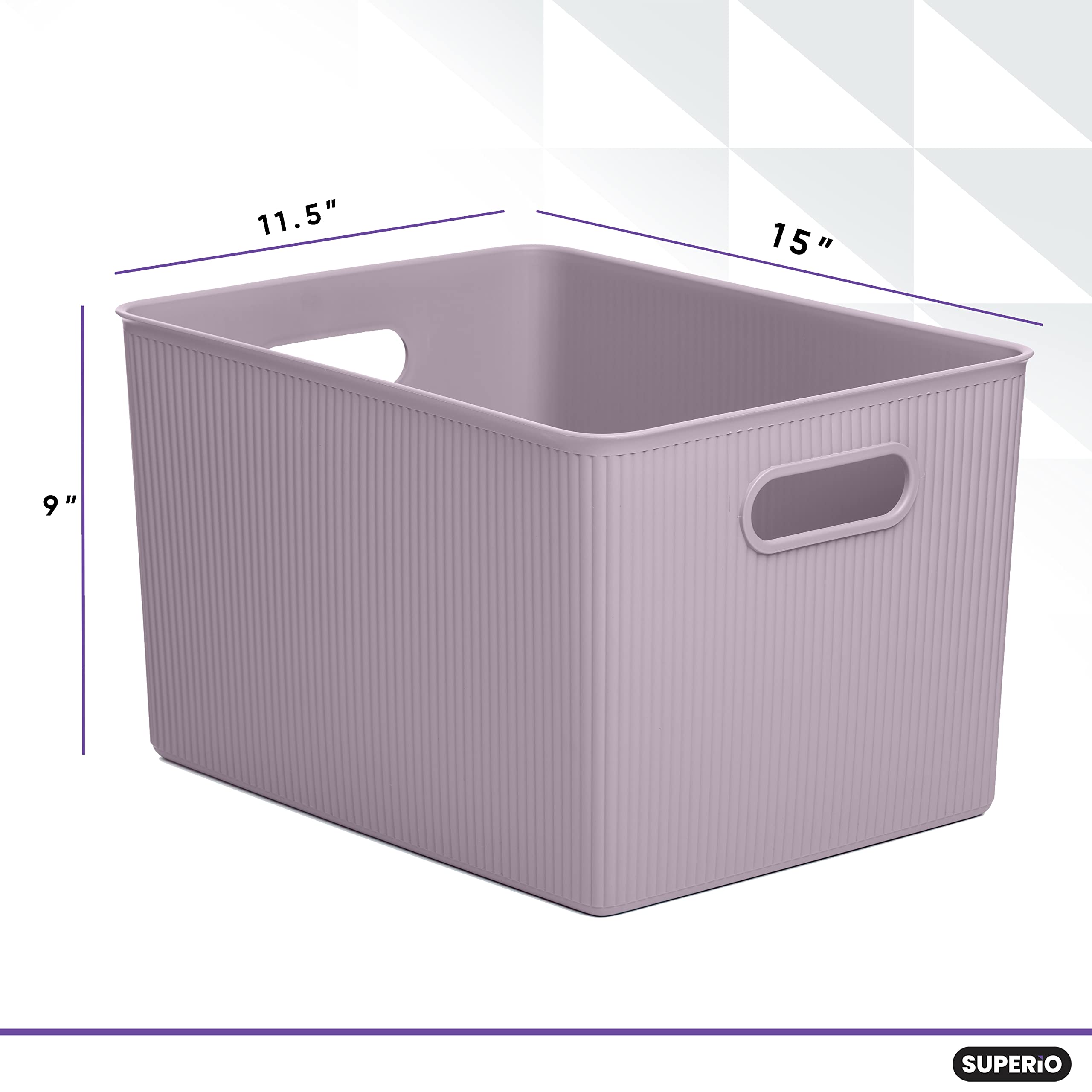 Superio Ribbed Collection - Decorative Plastic Open Home Storage Bins Organizer Baskets, X-Large Lilac Purple (2 Pack) Container