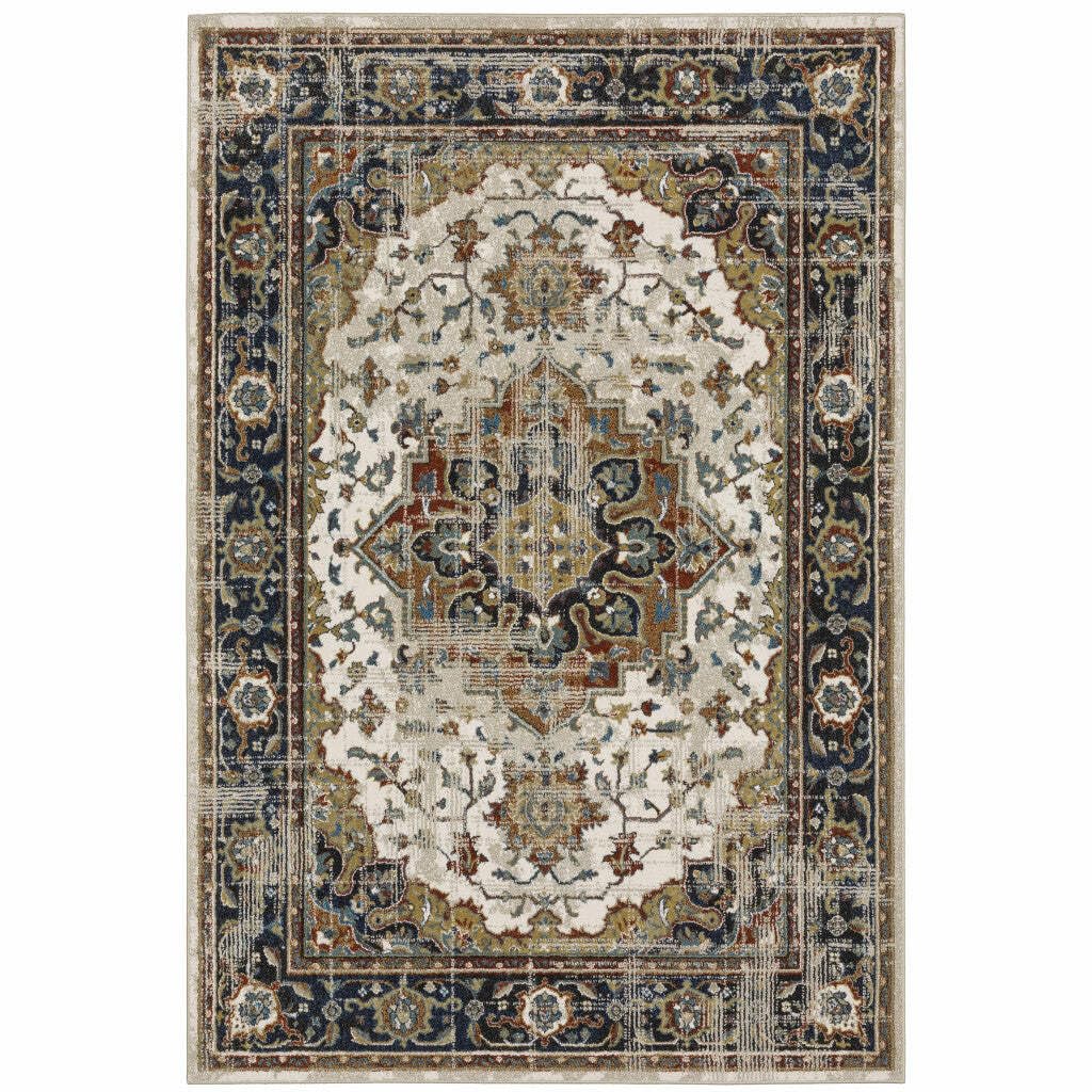 HomeRoots 509858 8 x 10 ft. Beige Blue Green Rust & Gray Oriental Power Loom Stain Resistant Rectangle Area Rug