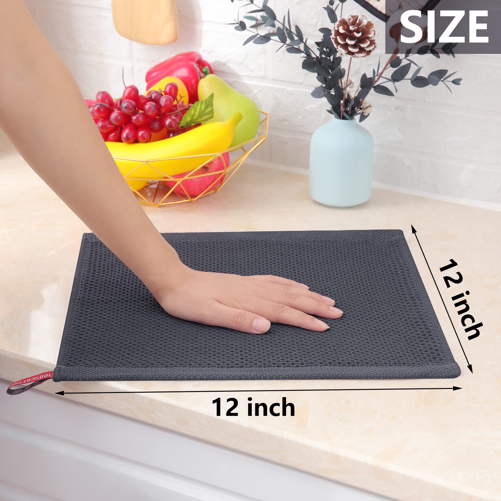 Homaxy 100% Cotton Waffle Weave Kitchen Dish Cloths, Ultra Soft Absorbent Quick Drying Dish Towels, 12X12 Inches, 6-Pack, Dark G