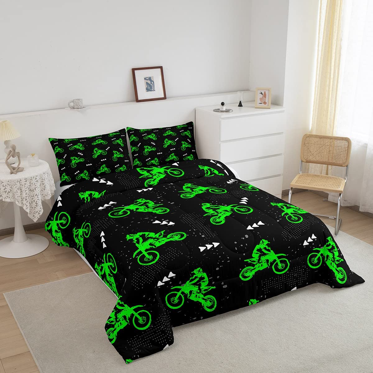 Feelyou Boys Dirt Bike Bedding Set Cool Sports Comforter Set For Kids Boys Motocross Rider Comforter Fluorescent Green Bike Quil