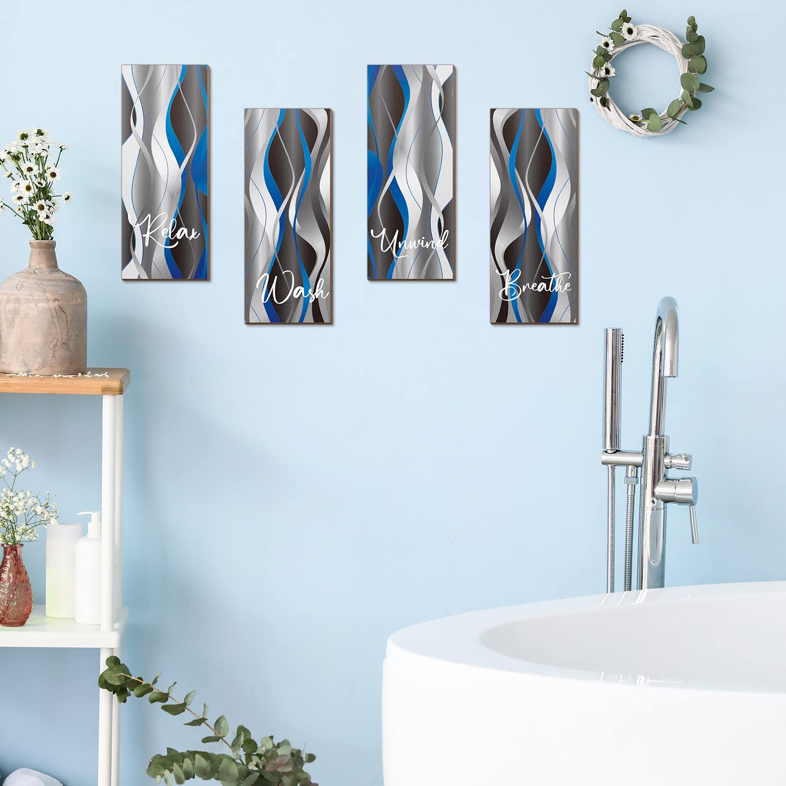 Qunclay Set Of 4 Blue And Black Striped Bathroom Wall Art Grey And White Relax Soak Unwind Breathe Wall Art Farmhouse Rustic Woo