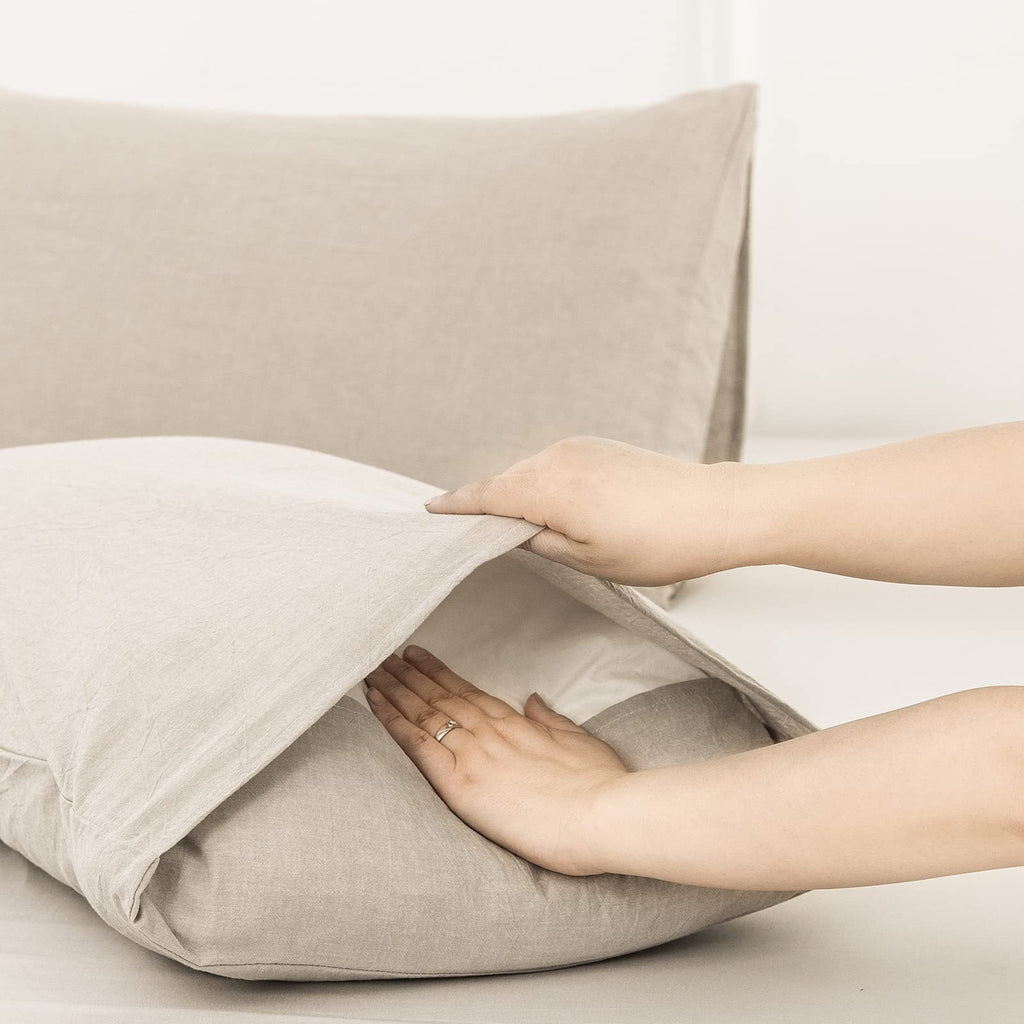 Moomee Bedding Pillowcases Pack Of 2 100% Washed Cotton Linen Like Textured Breathable Durable Soft Comfy (Cream Grey, Standard)