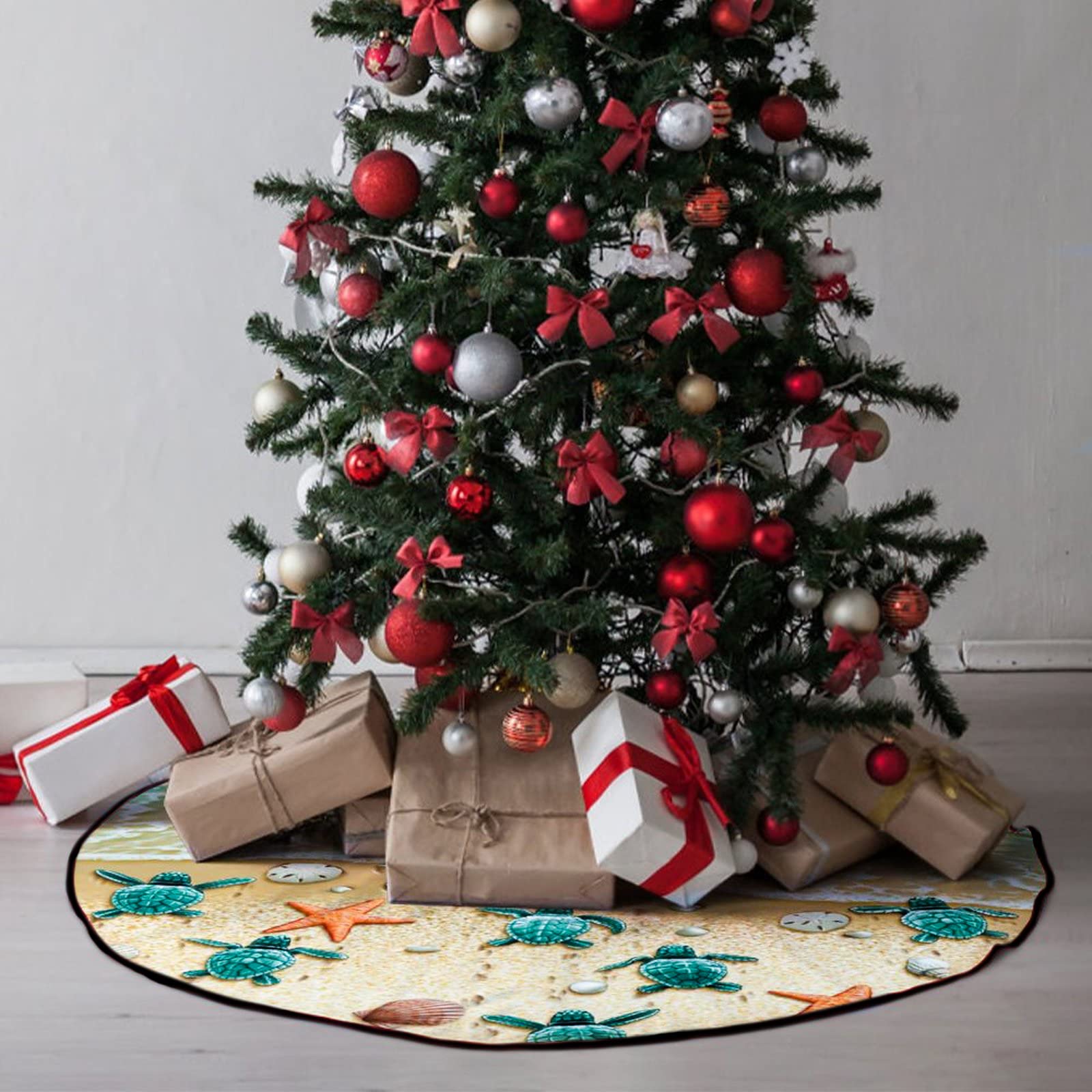 M Yescustom Sea Turtle Christmas Tree Skirt Beach Xmas Tree Mat Starfish Conch Shell Farmhouse Rustic Party Home Decoration Hall