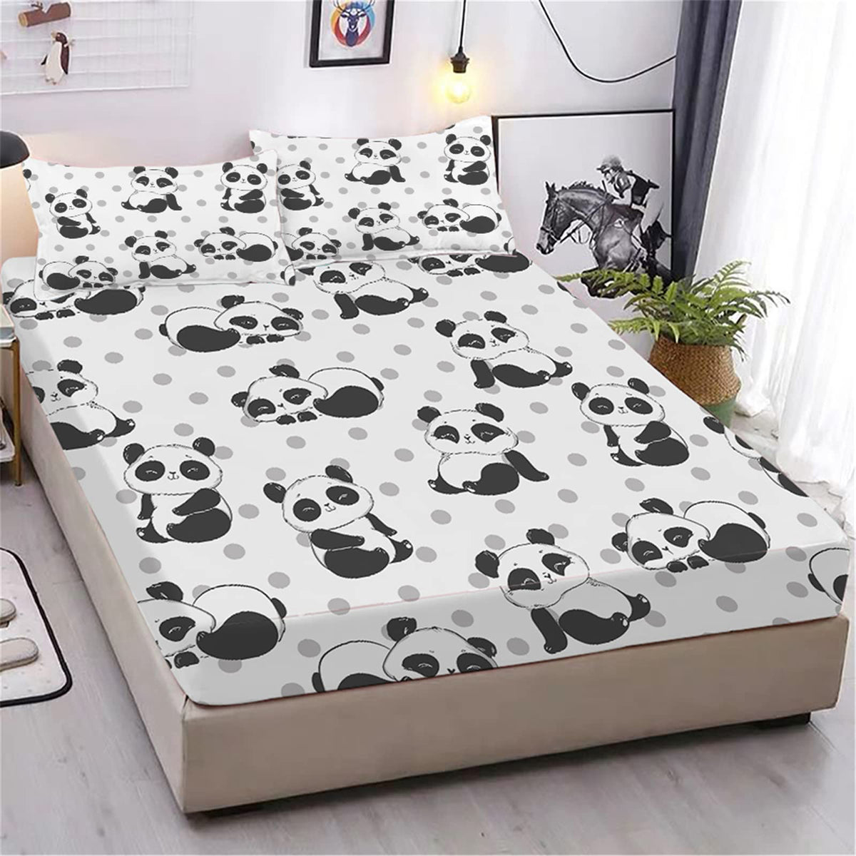 Urlinens Cute Panda Fitted Sheet And Pillowcase Twin Size, Polka Dot Lovely Panda Sheet Set For Kids Boys Girls Teens, Soft Micr