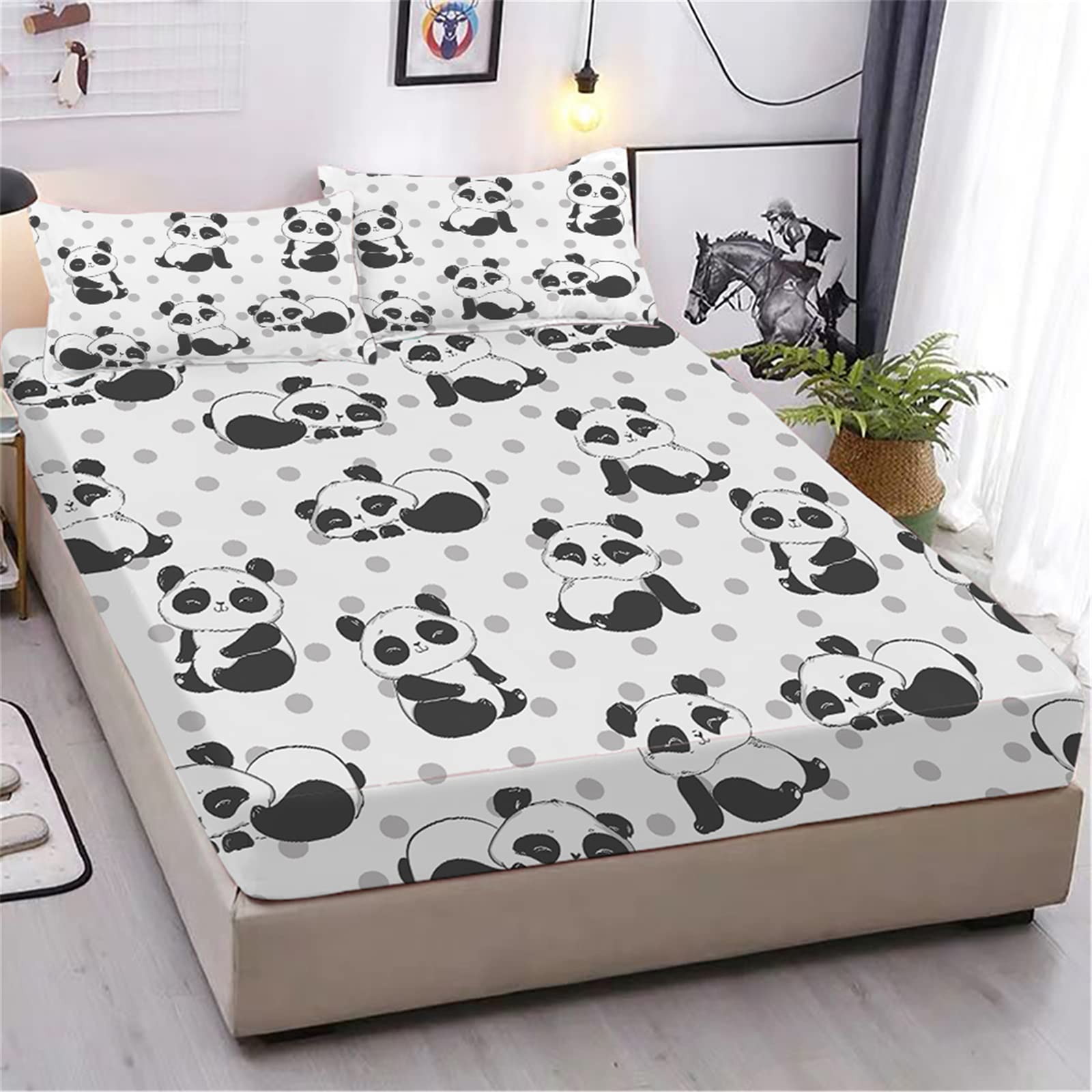 Urlinens Cute Panda Fitted Sheet And Pillowcase Twin Size, Polka Dot Lovely Panda Sheet Set For Kids Boys Girls Teens, Soft Micr