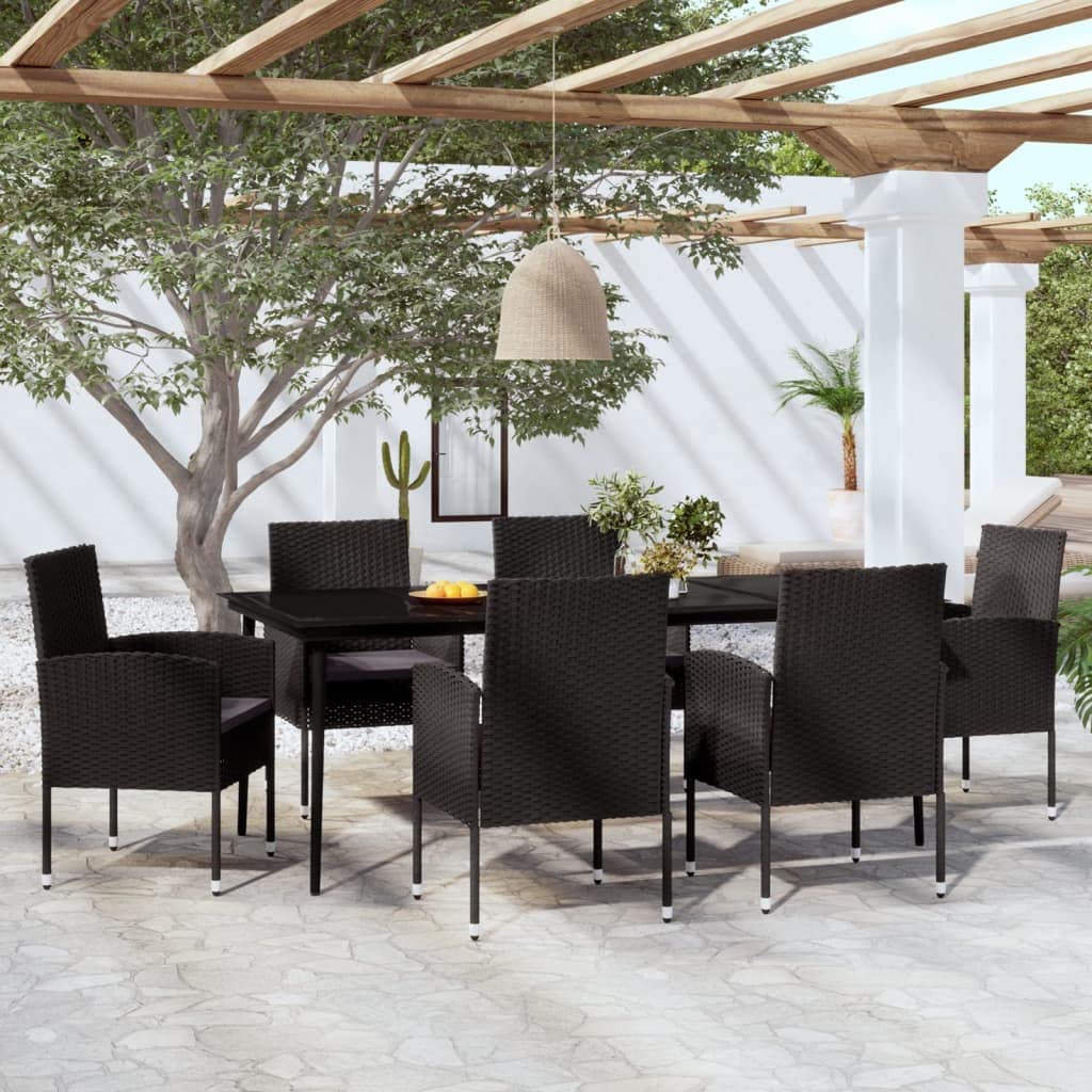vidaXL Black Garden Patio Dining Set with PE Rattan Chairs & Glass Tabletop - Weather-Resistant Outdoor 7-Piece Furniture Set