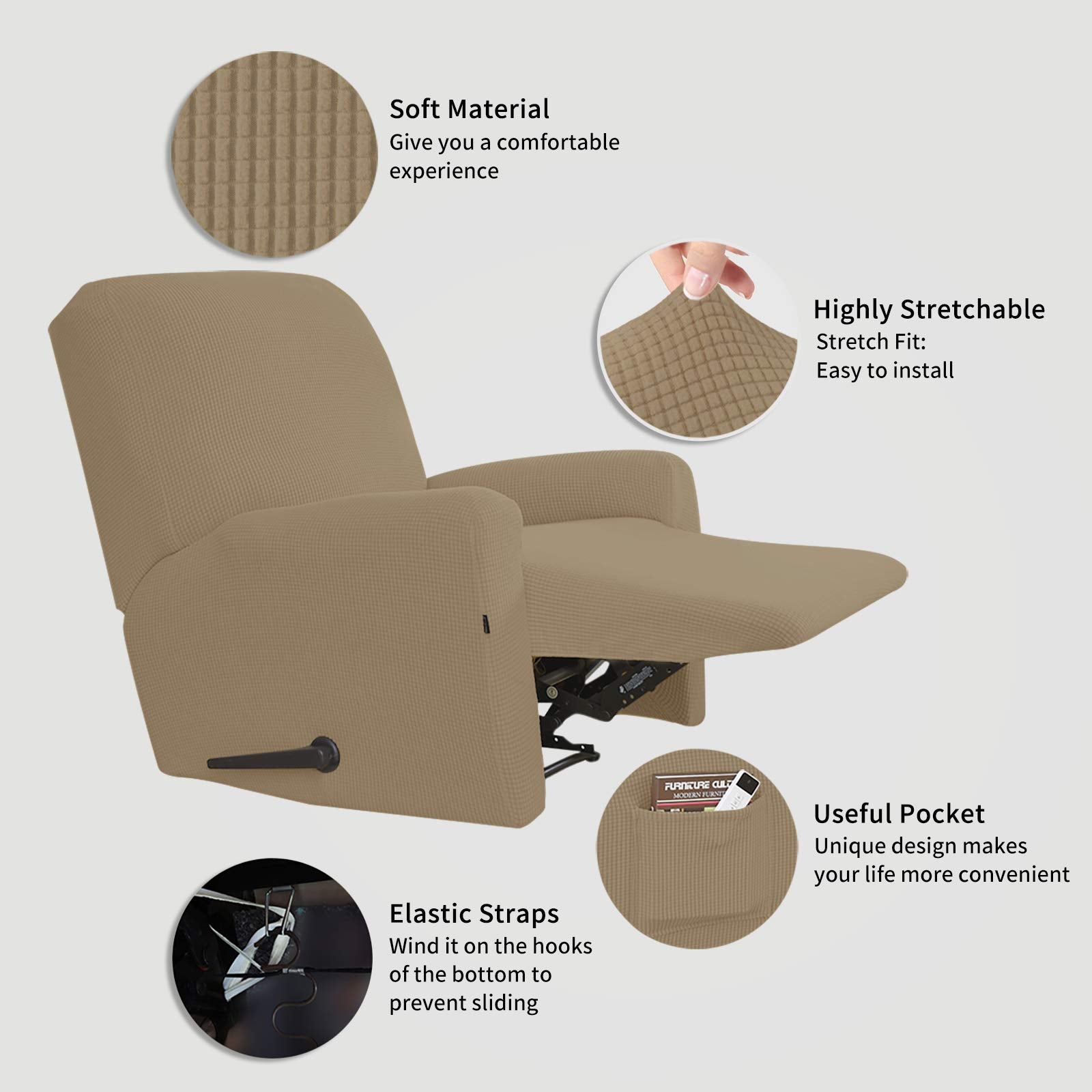 Easy-Going Recliner Stretch Sofa Slipcover Sofa Cover 4-Pieces Furniture Protector Couch Soft With Elastic Bottom Kids Spandex Jacquard Fabric Small Checks(Recliner,Tan,Large)