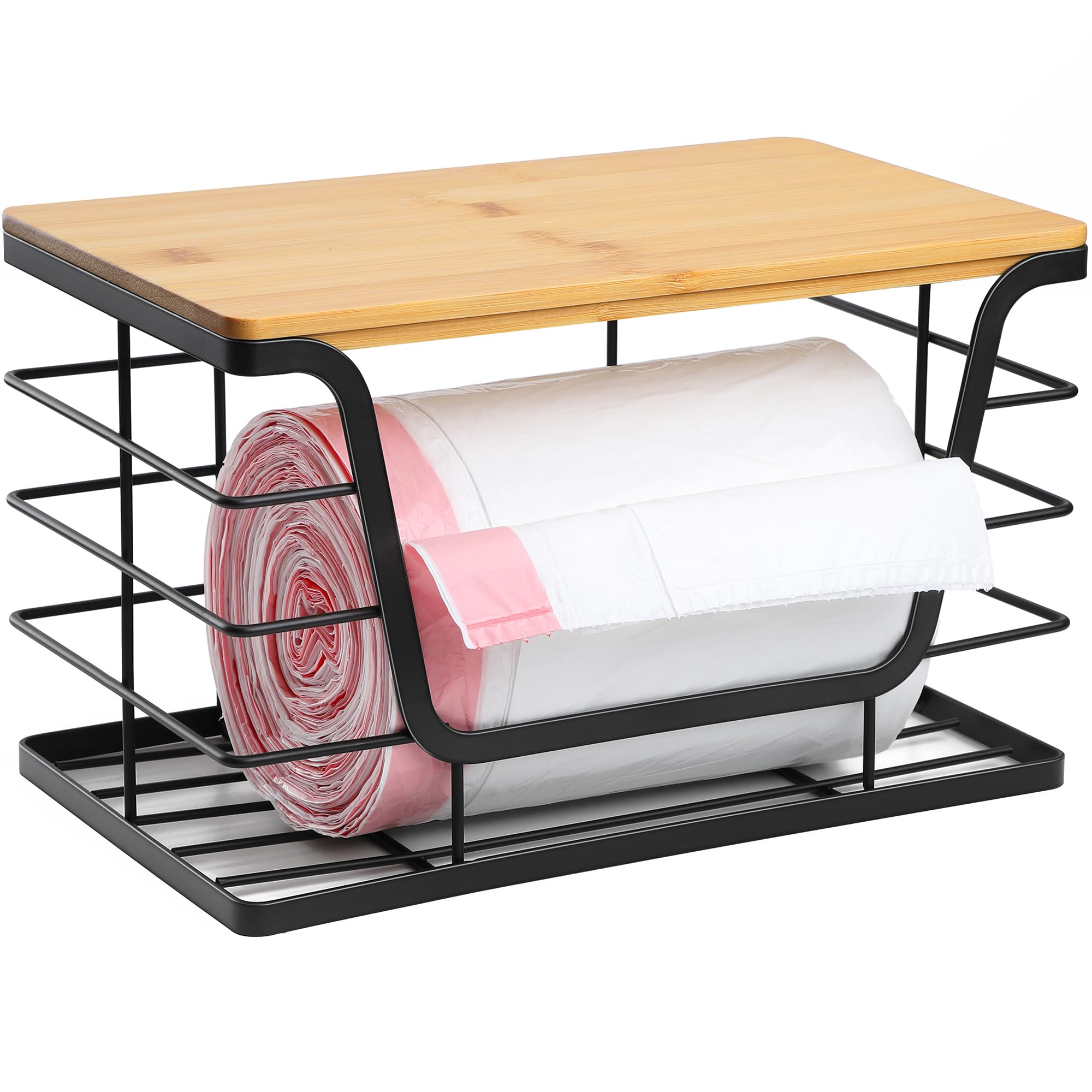 Aloceo Extra Large Trash Bag Holder Dispenser With Bamboo Top, Wall Mounted Garbage Bag Dispenser Roll Holder For Kitchen Laundr