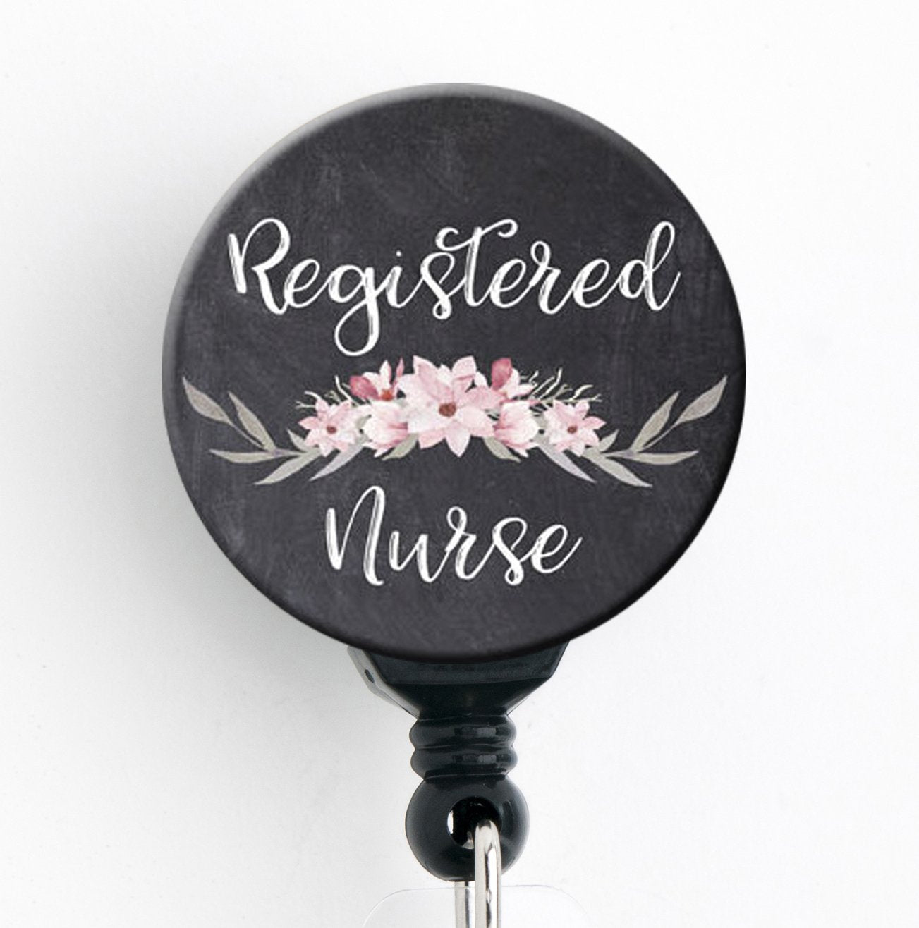 Rn Chalkboard Floral - Retractable Badge Reel With Swivel Clip And Extra-Long 34 Inch Cord - Badge Holder/Nurse Badge/Cute Badge