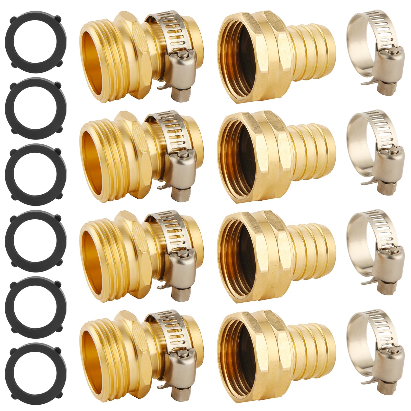 4 Set Brass Garden Hose Repair Connector Kit With Clamps, Fit For 3/4' Garden Hose Fitting,3/4' Barb X 3/4' Ght Garden Hose A