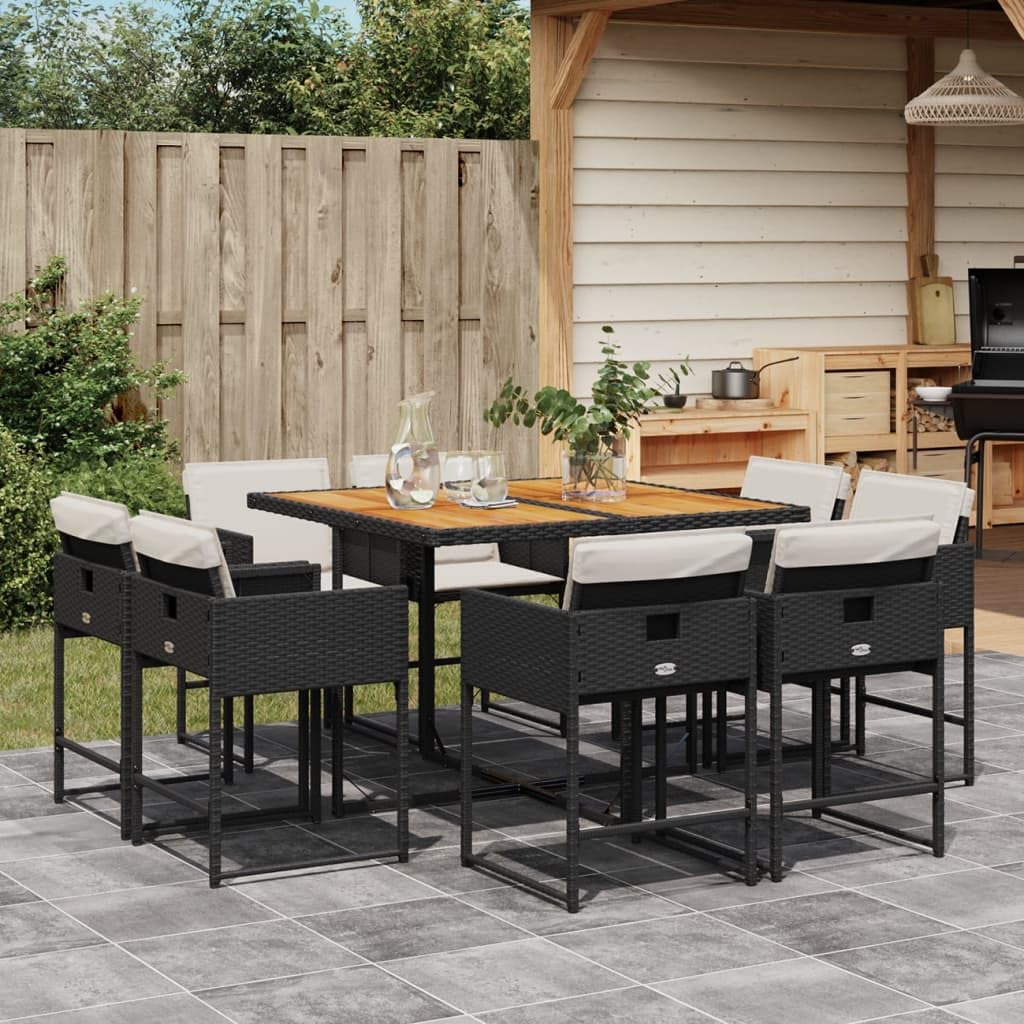 vidaXL Patio Dining Set with Cushions - 9 Piece Outdoor Furniture Set - Black Poly Rattan and Acacia Wood Table - Comfortable High-Back Chairs with Removable Covers, UV-Resistant